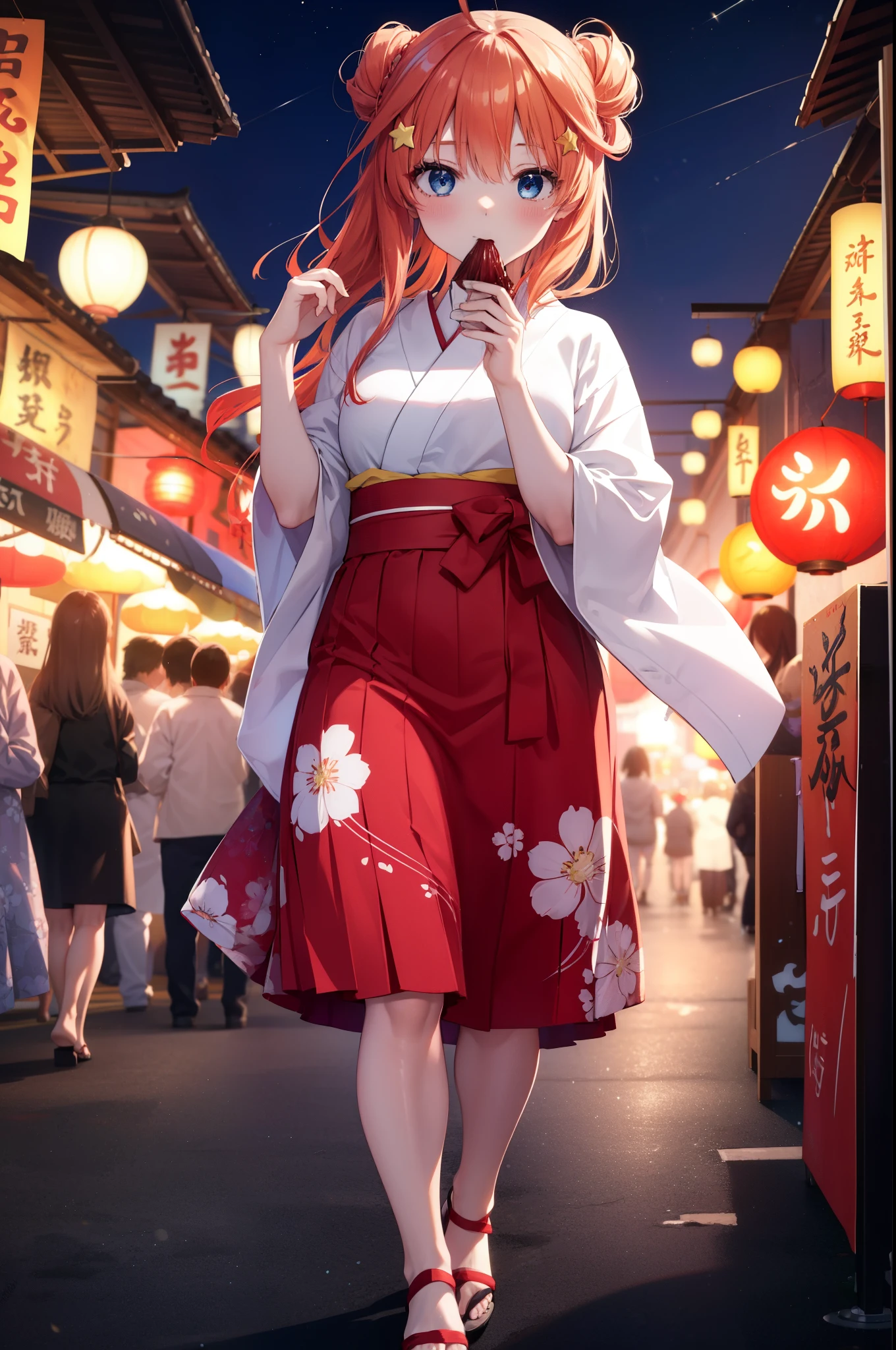 itsukinakano, Itsuki Nakano, bangs, blue eyes, hair between eyes, Ahoge, redhead, star \(symbol\), hair ornaments, star hair ornaments,Akabu glasses,smile,blush,happy atmosphere,long hair,hair tied back,red floral pattern yukata,long skirt,Zori sandals,祭りで大きい綿菓子が着いた棒を持ったred floral pattern yukataの女の子,Walking around eating large cotton candy,japanese festival,summer festival stalls,Red lantern,night,全身がイラストに入るように
break indoors, shrine,
break (masterpiece:1.2), highest quality, High resolution, unity 8k wallpaper, (figure:0.8), (detailed and beautiful eyes:1.6), highly detailed face, perfect lighting, Very detailed CG, (perfect hands, perfect ???????),