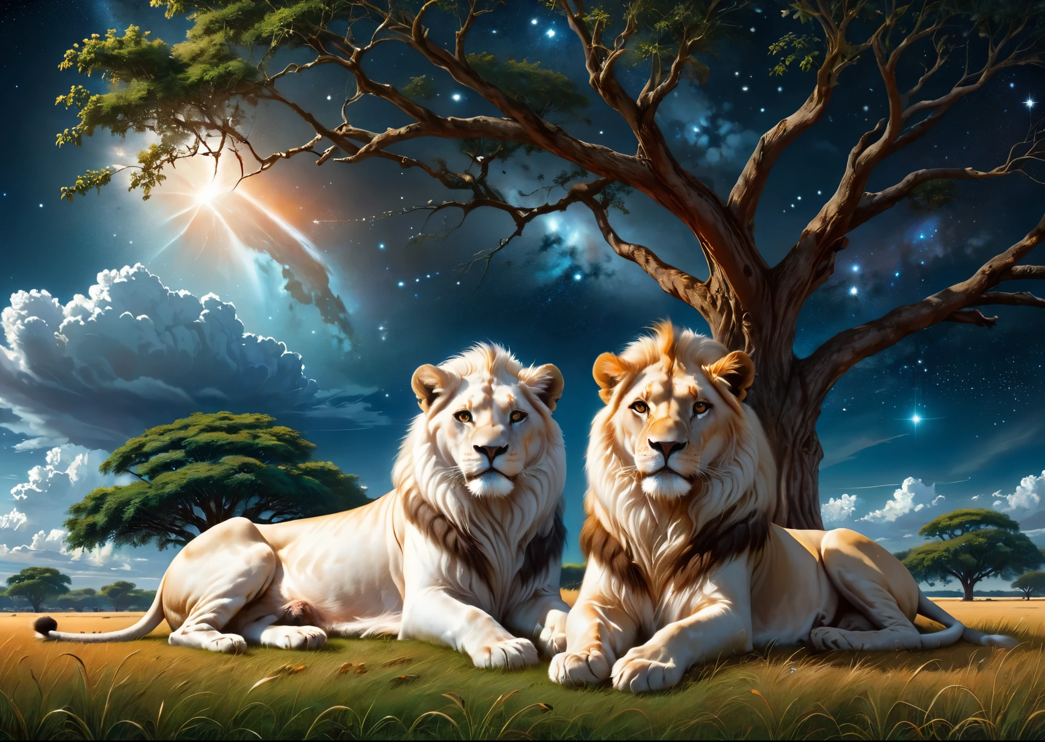 White male and female lion sitting on a wide grassland、white lion sitting under a big tree、Two white lions are sitting side by side、brown eyes、I can see Orion constellation、evening、clouds shine orange、High color rendering、high detail