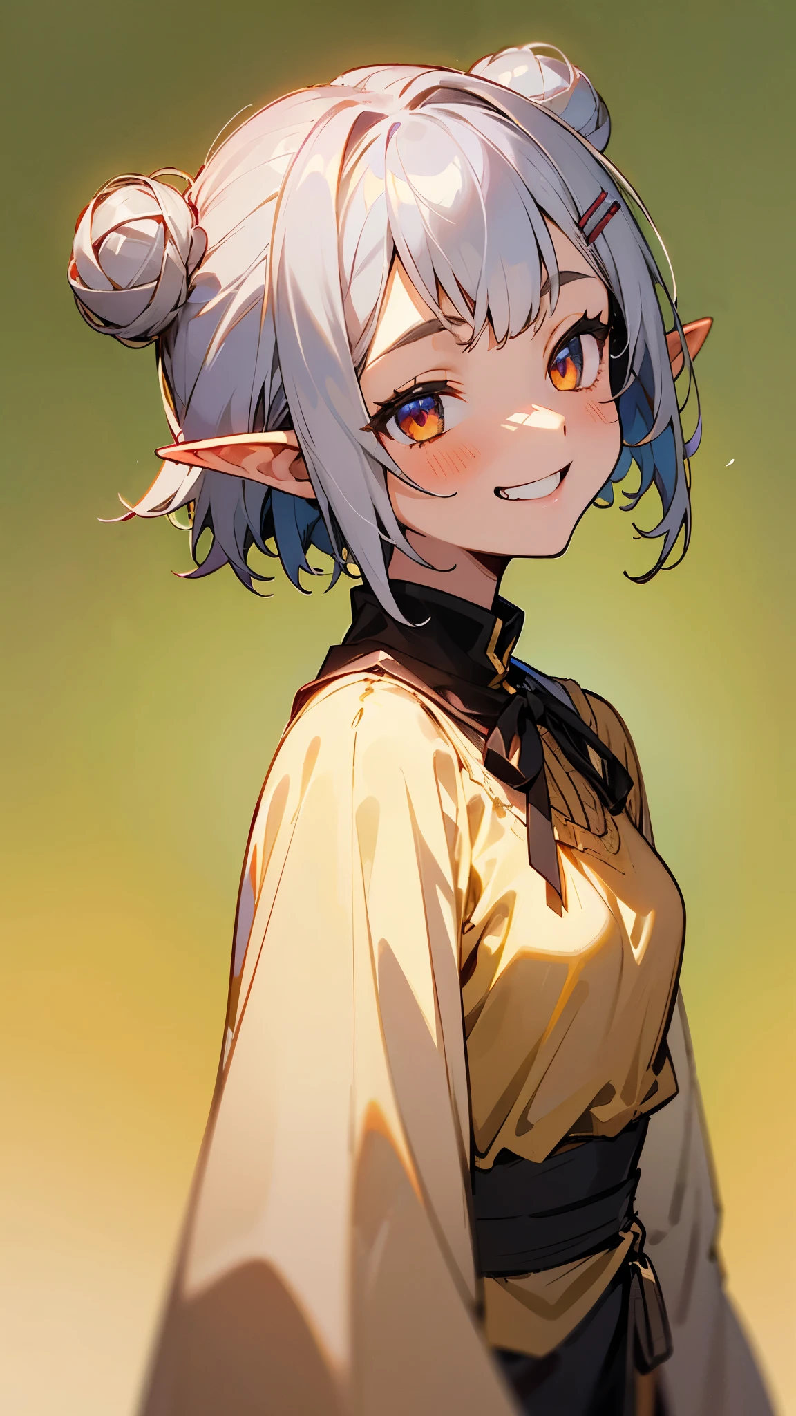 １girl、small breasts、angelic face, goblin, elf ears hair, Short hairstyles for silver hair and bob、Hair tied up in a bun with a hair clip、Shining pink round eyes, cute, yellow peasant tunic, Medieval, Medieval city background, bust portrait neck up, grin、From the side、painterly、sharp outline