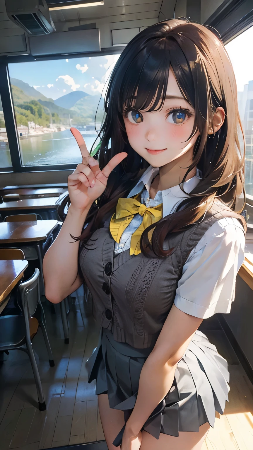 (masterpiece:1.2, top-quality), (realistic, photorealistic:1.4), beautiful illustration, (natural side lighting, movie lighting), nsfw,
looking at viewer, 1 girl, japanese, high school girl, perfect face, cute and symmetrical face, shiny skin,
(long hair:1.5, straight hair:1.4, maroon hair), swept bangs, emerald greeneyes, long eye lasher, (medium breasts), slender,
beautiful hair, beautiful face, beautiful detailed eyes, beautiful clavicle, beautiful body, beautiful chest, beautiful thigh, beautiful legs, beautiful fingers,
((white collared shirts, grey pleated mini skirt, yellow grown knitted vest), dark red bow tie),
(beautiful scenery), evening, (school class room), standing, (point at viewer, smile, open mouse),