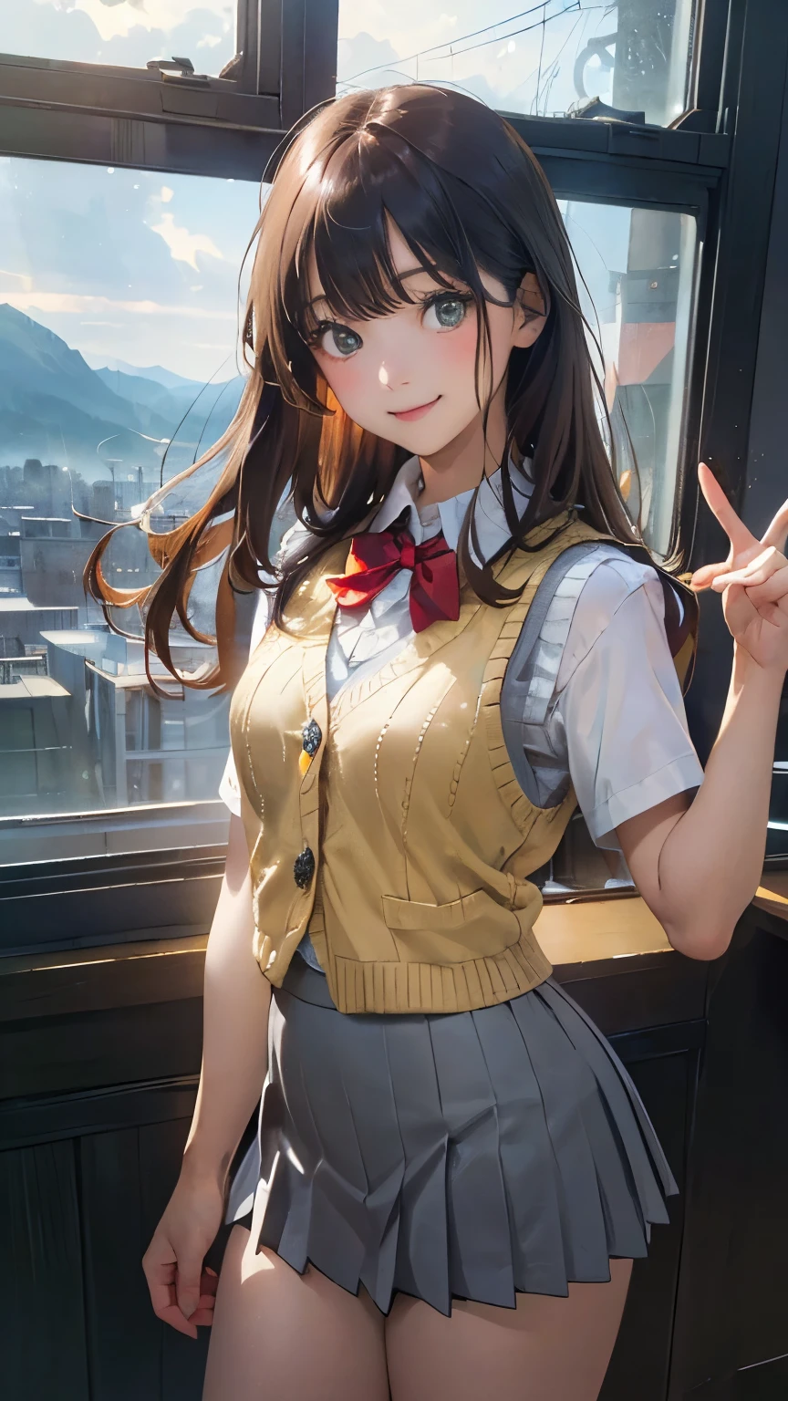 (masterpiece:1.2, top-quality), (realistic, photorealistic:1.4), beautiful illustration, (natural side lighting, movie lighting), nsfw,
looking at viewer, 1 girl, japanese, high school girl, perfect face, cute and symmetrical face, shiny skin,
(long hair:1.5, straight hair:1.4, maroon hair), swept bangs, emerald greeneyes, long eye lasher, (medium breasts), slender,
beautiful hair, beautiful face, beautiful detailed eyes, beautiful clavicle, beautiful body, beautiful chest, beautiful thigh, beautiful legs, beautiful fingers,
((white collared shirts, grey pleated mini skirt, yellow grown knitted vest), dark red bow tie),
(beautiful scenery), evening, (school class room), standing, (point at viewer, smile, open mouse),