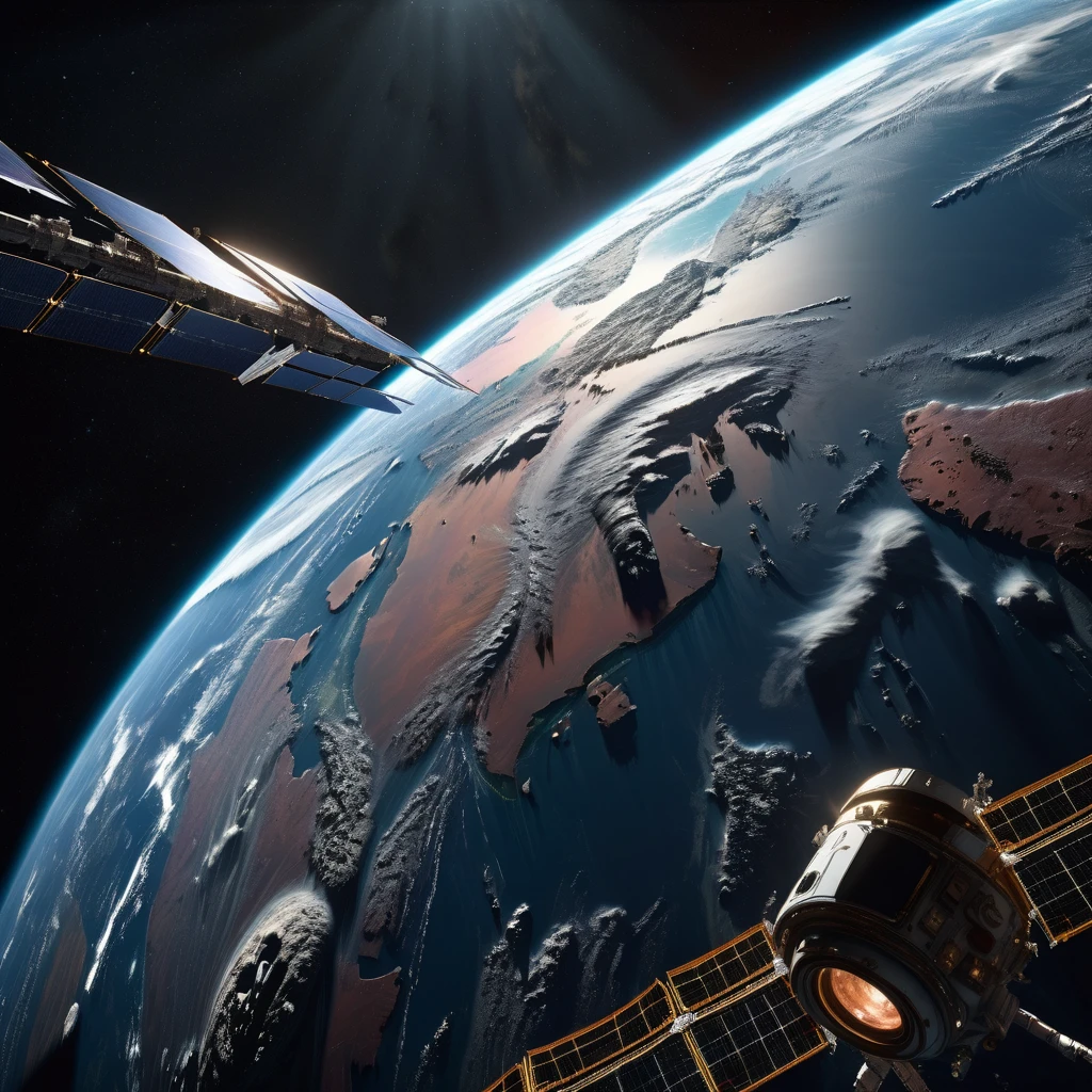 Fantasy hyperrealism digital art capturing Earth's view from the ISS, hyperdetailed textures, seen through UHD pen and ink strokes, richly saturated with vivid colors, perfected in composition, intricacy pushed to extremes in an octane render, dominating ArtStation trends, crafted in an 8k photorealistic style, wrapped in soft, naturally volumetric cinematic lighting., ultra-clear digital render., visuals at a stunning 8K, blending photorealistic concept art with the refined illumination of soft, cinematic composition, masterpiece-level oil painting, ultra-detailed, high contrast shadows emphasizing the grave markers, evoking the film's classic cinematography. High Resolution, High Quality, Masterpiece.best quality, masterpiece, super detail