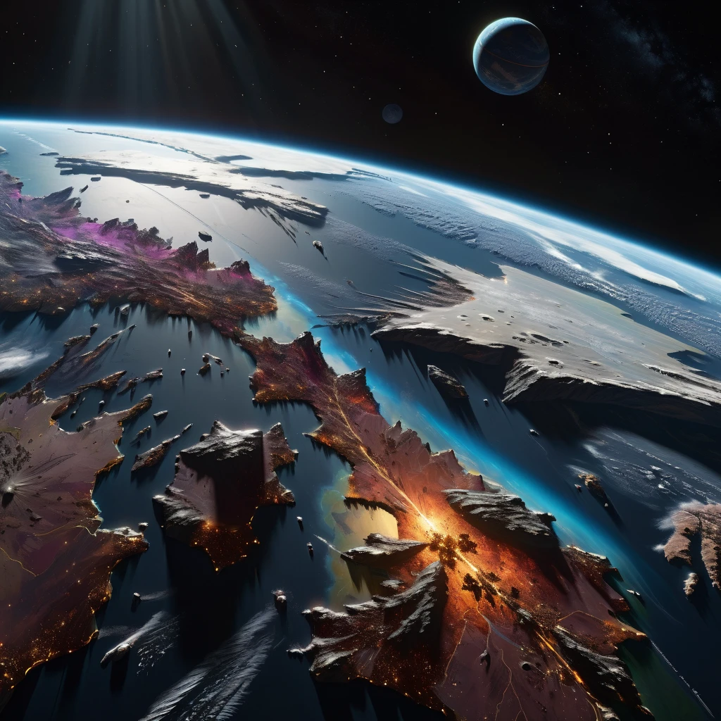 Fantasy hyperrealism digital art capturing Earth's view from the ISS, hyperdetailed textures, seen through UHD pen and ink strokes, richly saturated with vivid colors, perfected in composition, intricacy pushed to extremes in an octane render, dominating ArtStation trends, crafted in an 8k photorealistic style, wrapped in soft, naturally volumetric cinematic lighting., ultra-clear digital render., visuals at a stunning 8K, blending photorealistic concept art with the refined illumination of soft, cinematic composition, masterpiece-level oil painting, ultra-detailed, high contrast shadows emphasizing the grave markers, evoking the film's classic cinematography. High Resolution, High Quality, Masterpiece.best quality, masterpiece, super detail