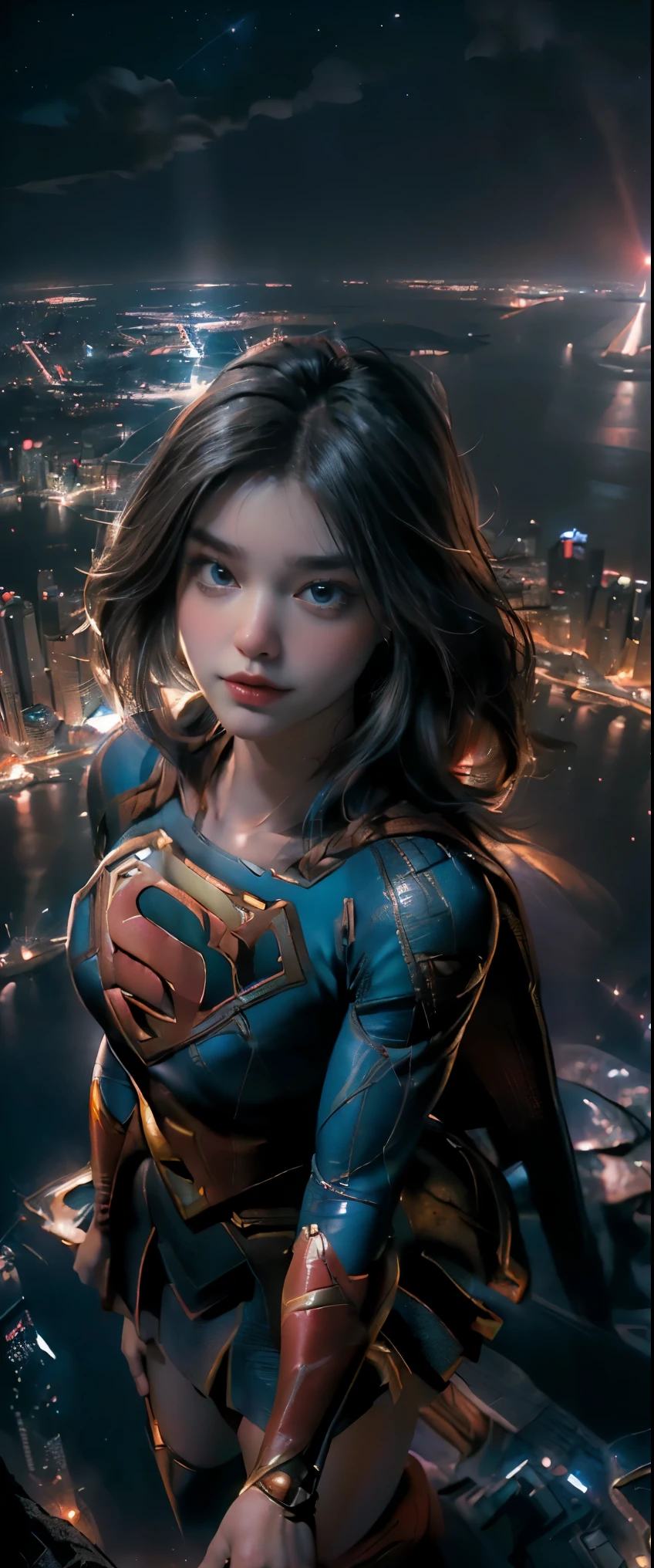 ((masterpiece, highest quality, Highest image quality, High resolution, photorealistic, Raw photo, 8K)), (Aerial View, Looking down on the city at night from above:1.3), (Supergirl is flying in the night sky:1.5), She is seen from behind with the city at night in the background, (View from above:1.8), (lighting from below:1.3),