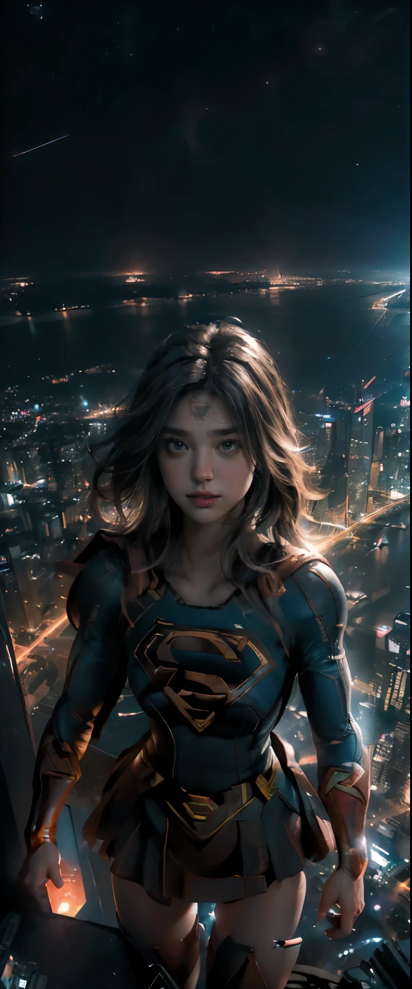 ((masterpiece, highest quality, Highest image quality, High resolution, photorealistic, Raw photo, 8K)), (Aerial View, Looking down on the city at night from above:1.3), (Supergirl is flying in the night sky:1.5), She is seen from behind with the city at night in the background, (View from above:1.8), (lighting from below:1.3),