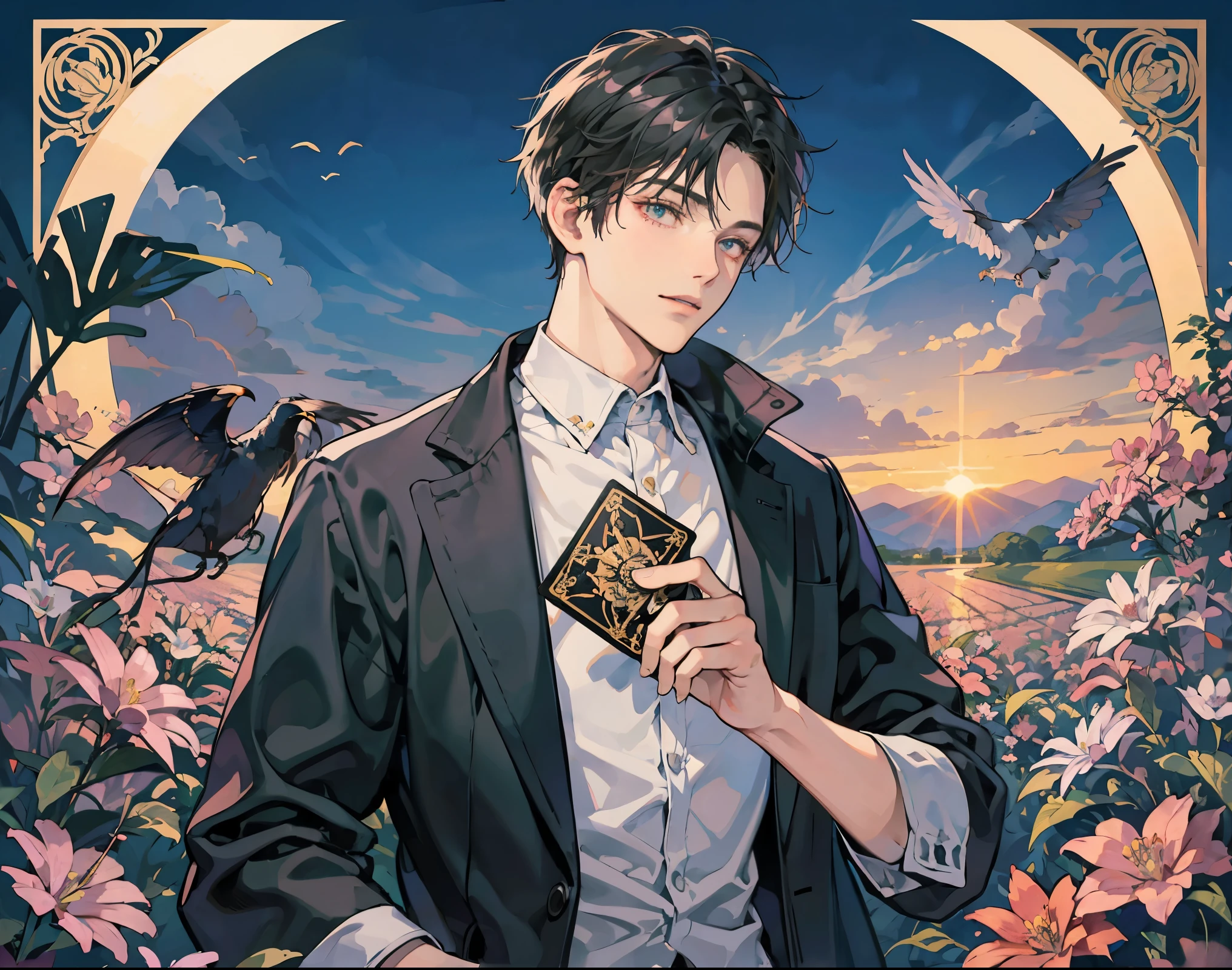 A man holding several tarot cards in his hand, Inner is white, jacket is black, The background is a flower field at dusk