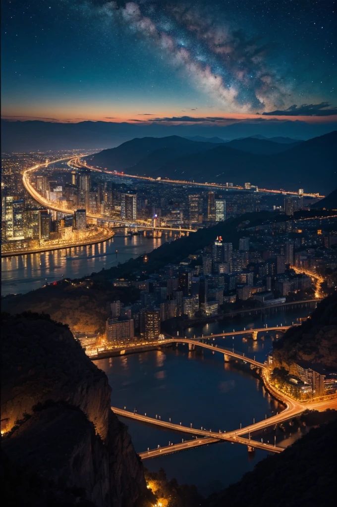A dazzling and beautiful night view seen from the sky。Create a digital matte painting of a night sky view from a sci-fi movie。