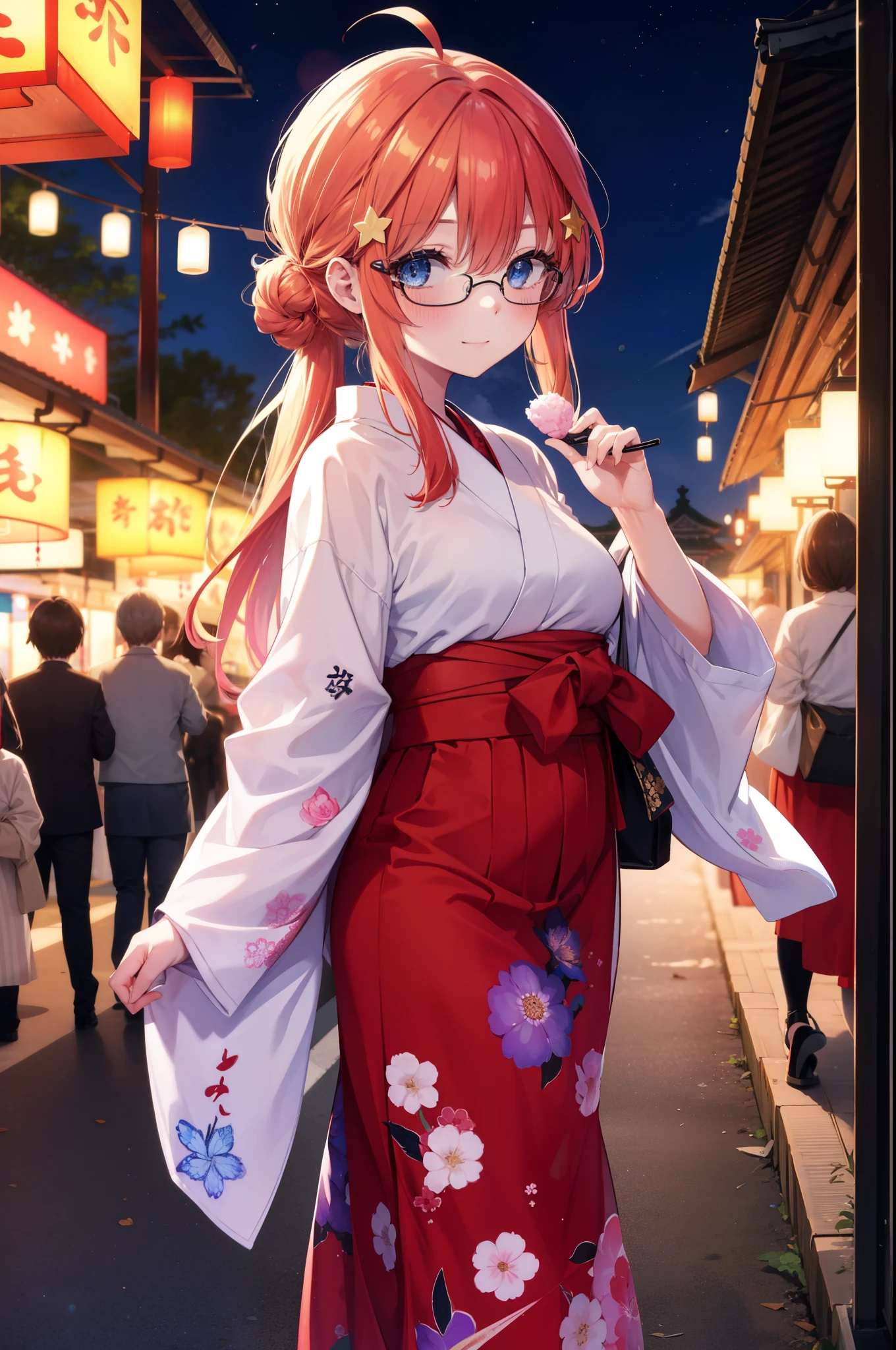 itsukinakano, Itsuki Nakano, bangs, blue eyes, hair between eyes, Ahoge, redhead, star \(symbol\), hair ornaments, star hair ornaments,Akabu glasses,smile,blush,happy atmosphere,long hair,hair tied back,red floral pattern yukata,long skirt,Zori sandals,祭りで大きい綿菓子が着いた棒を持ったred floral pattern yukataの女の子,Walking around eating large cotton candy,japanese festival,summer festival stalls,Red lantern,night,全身がイラストに入るように
break indoors, shrine,
break (masterpiece:1.2), highest quality, High resolution, unity 8k wallpaper, (figure:0.8), (detailed and beautiful eyes:1.6), highly detailed face, perfect lighting, Very detailed CG, (perfect hands, perfect anatomy),