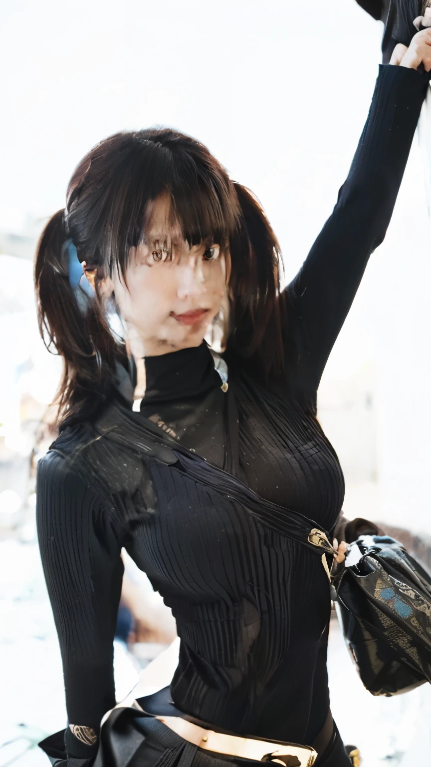 Outdoor, 1girl, sexy, wearing turtle neck clothes, wearing an accessories, wearing a bag in her shoulder, glowing eyes, long hair tied in two, realistic, 8k, Unreal engine, ultra detailed, photorealistic
