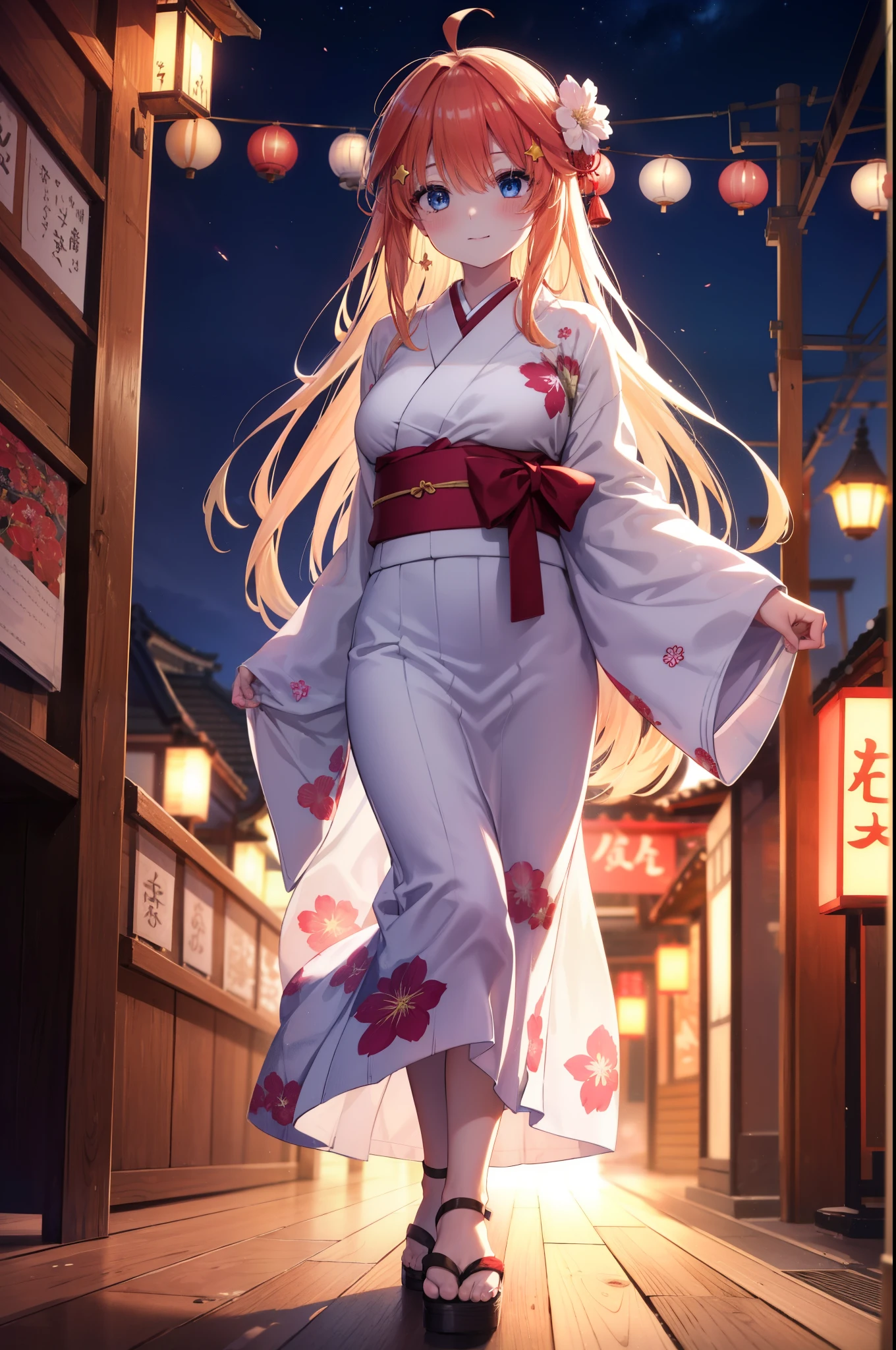 itsukinakano, Itsuki Nakano, bangs, blue eyes, hair between eyes, Ahoge, redhead, star \(symbol\), hair ornaments, star hair ornaments,Akabu glasses,smile,blush,happy atmosphere,long hair,hair tied back,red floral pattern yukata,long skirt,Zori sandals,祭りで大きい綿菓子が着いた棒を持ったred floral pattern yukataの女の子，Walking around eating large cotton candy,japanese festival,summer festival stalls,Red lantern,night,全身がイラストに入るように
break indoors, shrine,
break (masterpiece:1.2), highest quality, High resolution, unity 8k wallpaper, (figure:0.8), (detailed and beautiful eyes:1.6), highly detailed face, perfect lighting, Very detailed CG, (perfect hands, perfect anatomy),