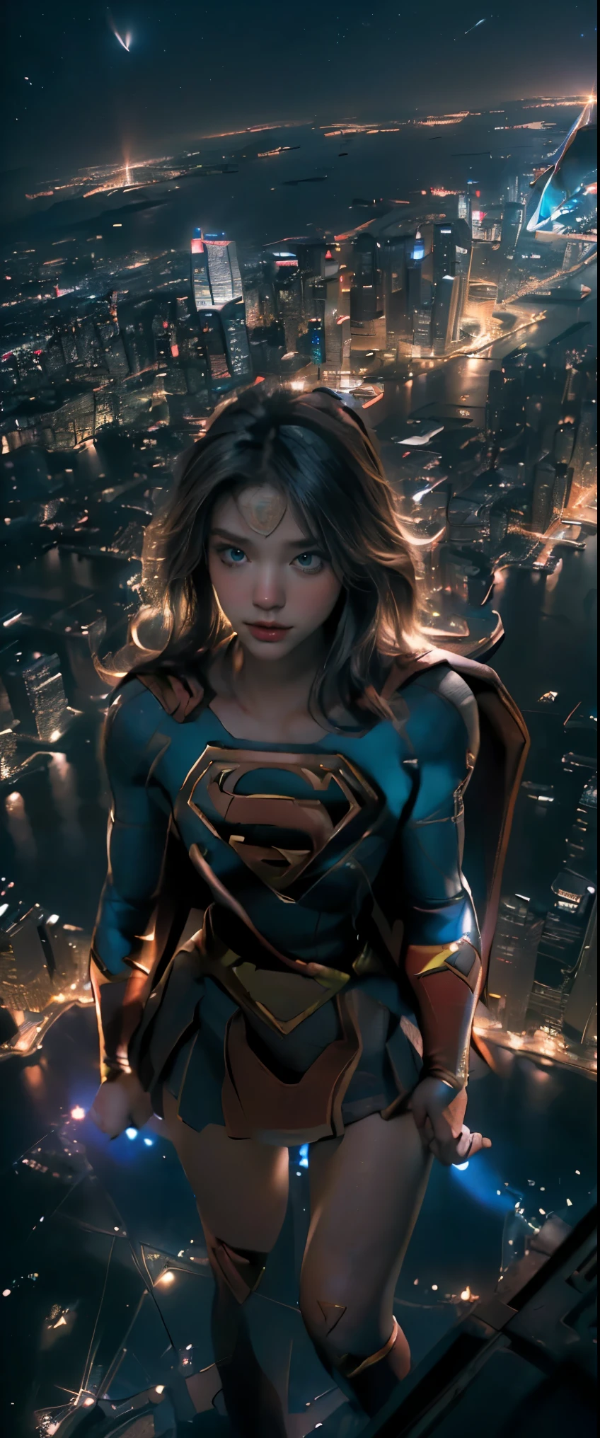 ((masterpiece, highest quality, Highest image quality, High resolution, photorealistic, Raw photo, 8K)), (Aerial View, Looking down on the city at night from above:1.3), (Supergirl is flying in the night sky:1.5), She is seen from behind with the city at night in the background, (View from above:1.8), (lighting from below:1.3),