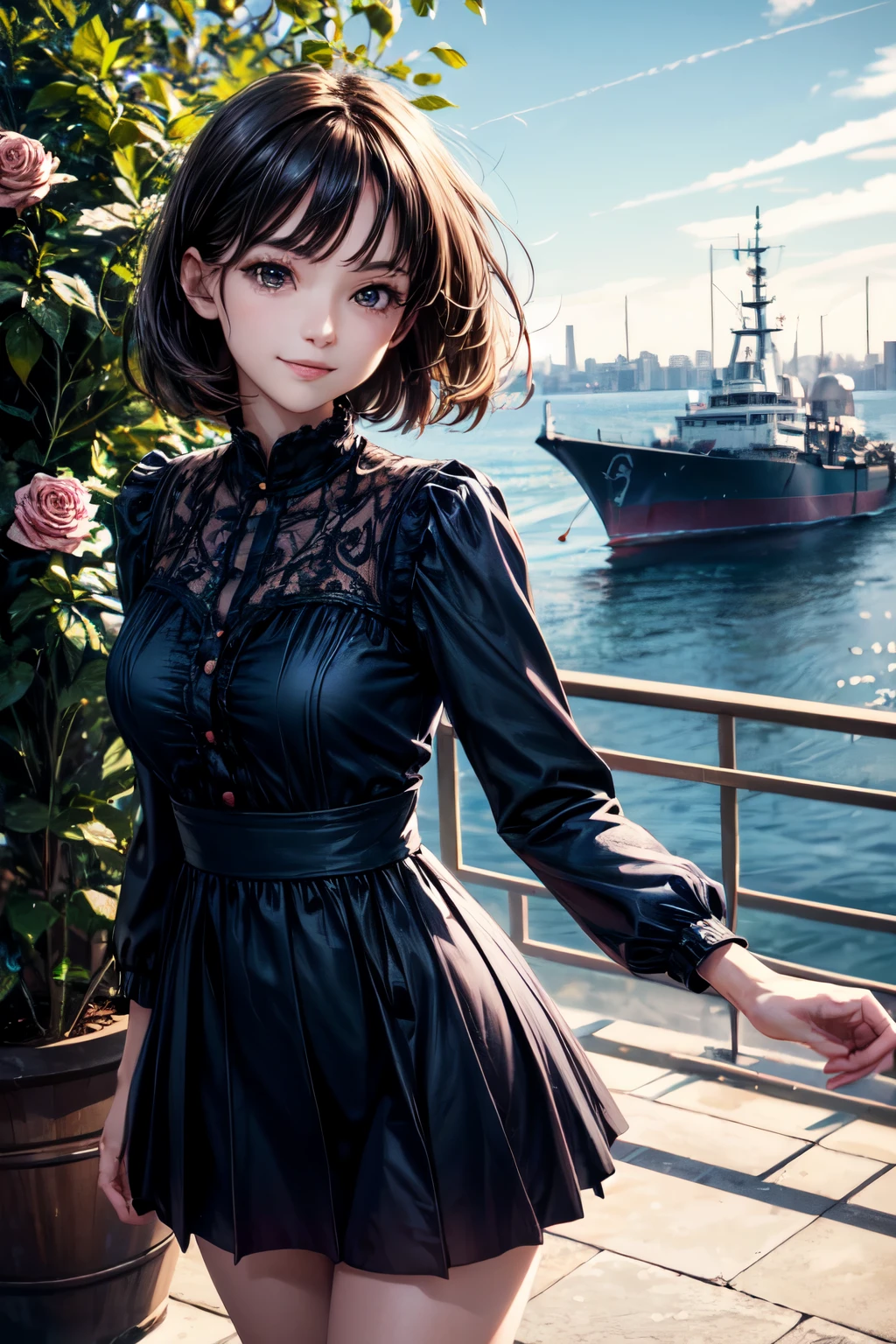 very cute and beautiful girl,(highly detailed beautiful face),(smile),cowboy shot,
navy blue frilled dress,standing,dynamic pose,(detailed legs,mini skirt:0.9),
black hair,(rose garden),navy harbor,warships in distance,
(best quality,masterpiece:1.2),absurdres,highres,ultra-detailed,extremely detailed,32k,8k resolution,
intricate details,cinematic scene,detailed background,solo,dynamic angle,
solo,natural lighting,hair fluttering in the wind,beautiful detailed sky,