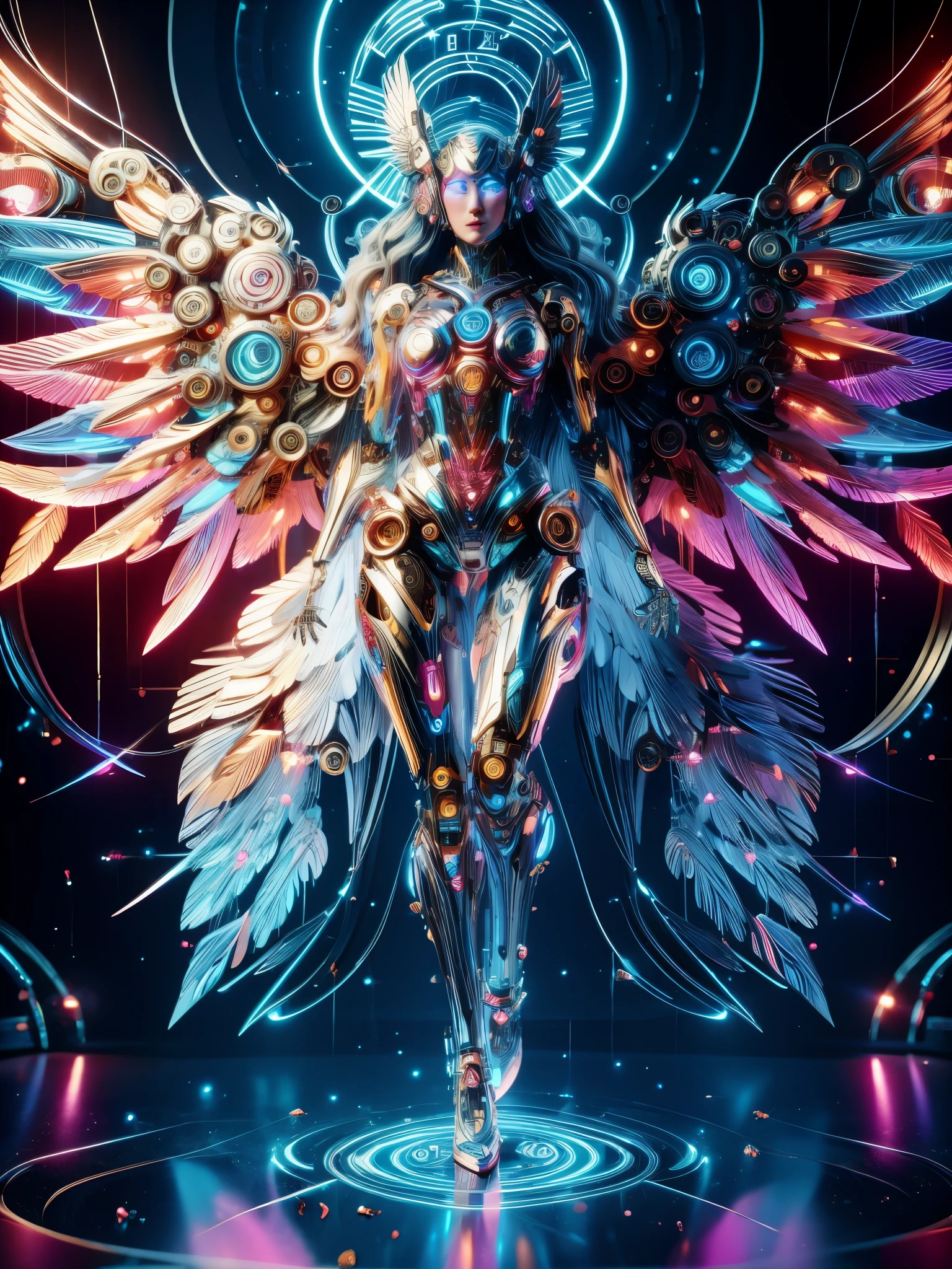 android mechanical lich:Evil Celestial Glow, robot wings,earnst haeckel, james jean. generative art, baroque, intricate patterns, fractalism, movie still, photorealistic, intricate, elegant, highly detailed, artstation, smooth, sharp focus, illustration, outrun, vaporware,full body shot, demonic energy holding different monsters, angle from below, Evil laugh:Exuberant，((First-person perspective，pov，eyes on the audience))