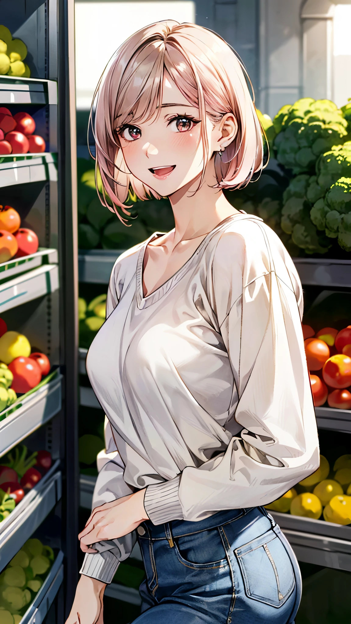 (masterpiece:1.3, top-quality), ultra high res, ultra detailed, (realistic, photorealistic:1.4), beautiful illustration, perfect lighting, colorful, depth of fields,
looking at viewer, 1 girl, solo, college school girl, (large breasts:0.8, large ass, seductive thighs, skindentation),
(short hair:1.5, bob cut:1.2, light pink hair), swept bangs, (chocolate-colored) eyes, big eyes, shiny skin, slender, (tiny),
beautiful hair, beautiful face, extremely detailed face, beautiful detailed eyes, beautiful clavicle, beautiful body, beautiful chest, beautiful thigh, beautiful legs, beautiful fingers,
(detailed cloth texture, (light brown) long sleeve v-neck sweater, closed shirt, white collared shirt, denim trousers),
(beautiful scenery), evening, (detailed, inside supermarket, fruit and vegetable section of a supermarket), walking, (happy smile, open mouth),