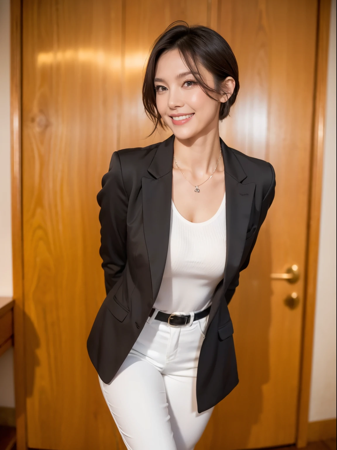 (RAW photo:1.2), (realistic:1.4),beautiful detailed woman,very detailed eyes and face, Super detailed,High resolution, very detailed,highest quality,unified,8k,masterpiece,highest quality,1 female,whole body,(Standard body shape:1.2),Toned figure,thick legs,slim waist,alone、(Black top hat:1.2)、(black jacket:1.2)、(white skinny pants:1.4)、(red ruffle shirt:1.2)、britney spears、(Knee-high boots:1.2),jewelry necklace short hair,(smile:1.2)、dignified atmosphere,black eye,realistic, (ショーステージにAre standing:1.4)、(Are standing:1.2)、(38 years old、Japanese)