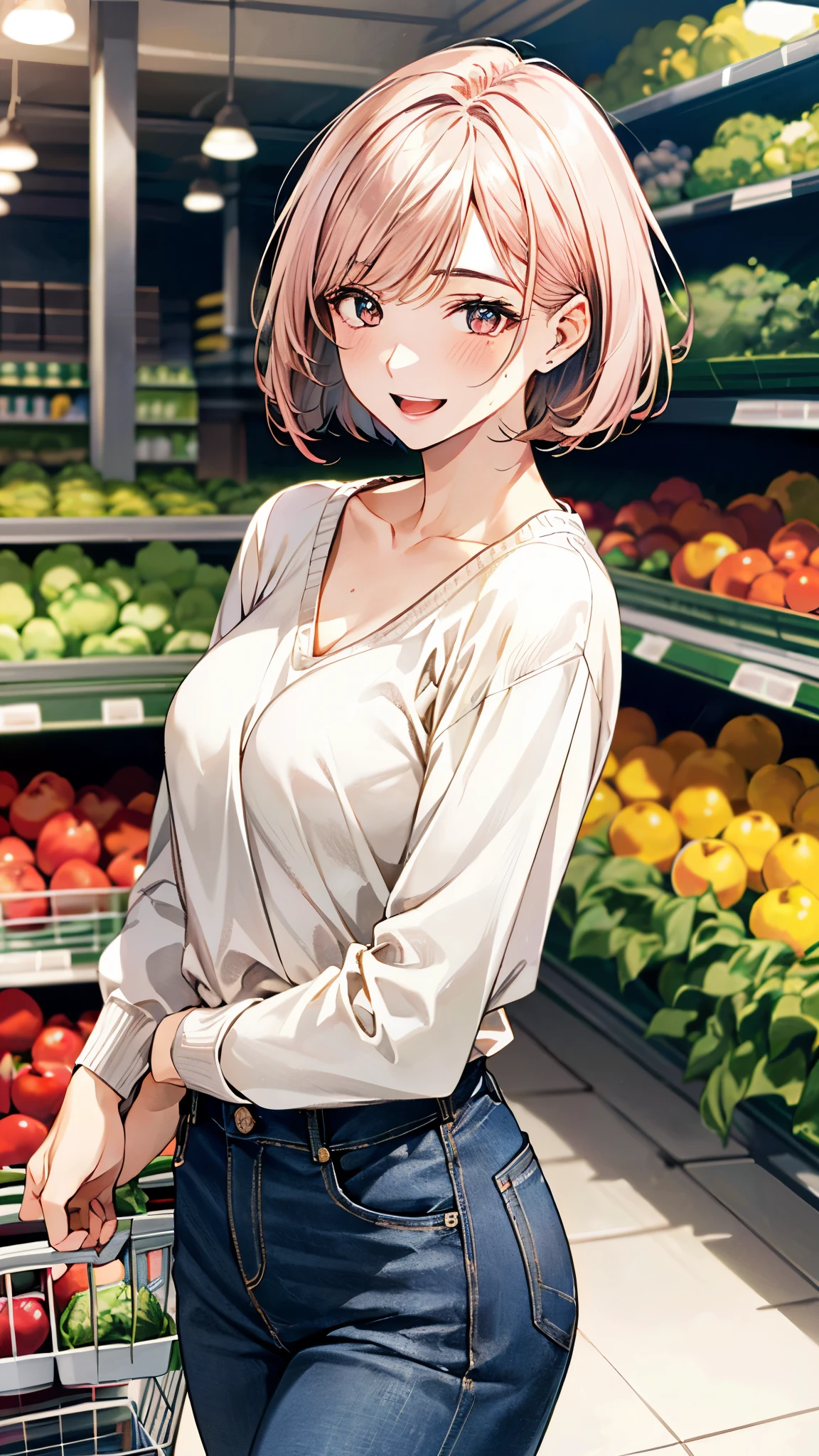 (masterpiece:1.3, top-quality), ultra high res, ultra detailed, (realistic, photorealistic:1.4), beautiful illustration, perfect lighting, colorful, depth of fields,
looking at viewer, 1 girl, solo, college school girl, (large breasts:0.8, large ass, seductive thighs, skindentation),
(short hair:1.5, bob cut:1.2, light pink hair), swept bangs, (chocolate-colored) eyes, big eyes, shiny skin, slender, (tiny),
beautiful hair, beautiful face, extremely detailed face, beautiful detailed eyes, beautiful clavicle, beautiful body, beautiful chest, beautiful thigh, beautiful legs, beautiful fingers,
(detailed cloth texture, (light brown) long sleeve v-neck sweater, closed shirt, white collared shirt, denim trousers),
(beautiful scenery), evening, (detailed, inside supermarket, fruit and vegetable section of a supermarket), walking, (happy smile, open mouth),