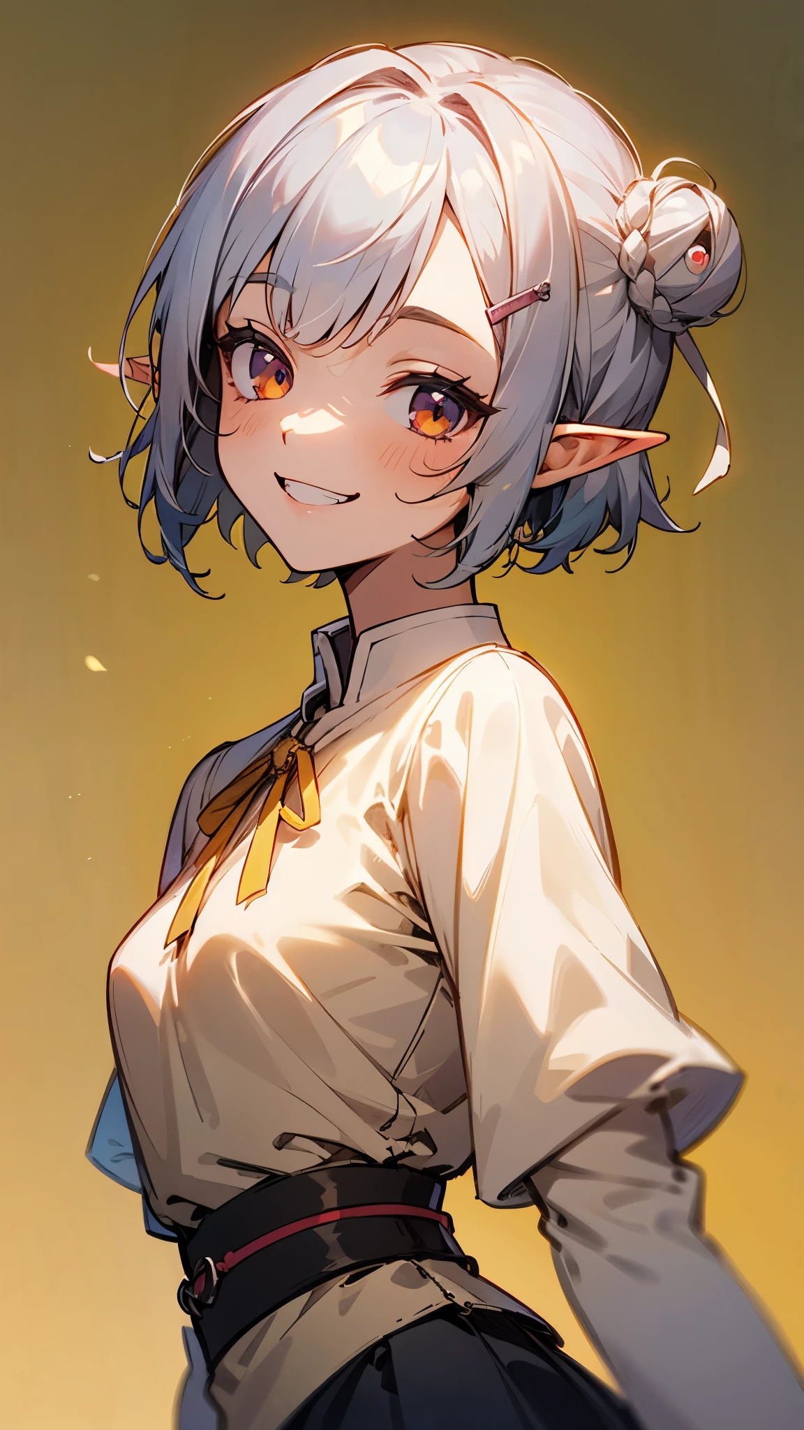 １girl、small breasts、angelic face, goblin, elf ears hair, Short hairstyles for silver hair and bob、Hair tied up in a bun with a hair clip、Shining pink round eyes, cute, yellow peasant tunic, Medieval, Medieval city background, bust portrait neck up, grin、From the side、painterly、sharp outline