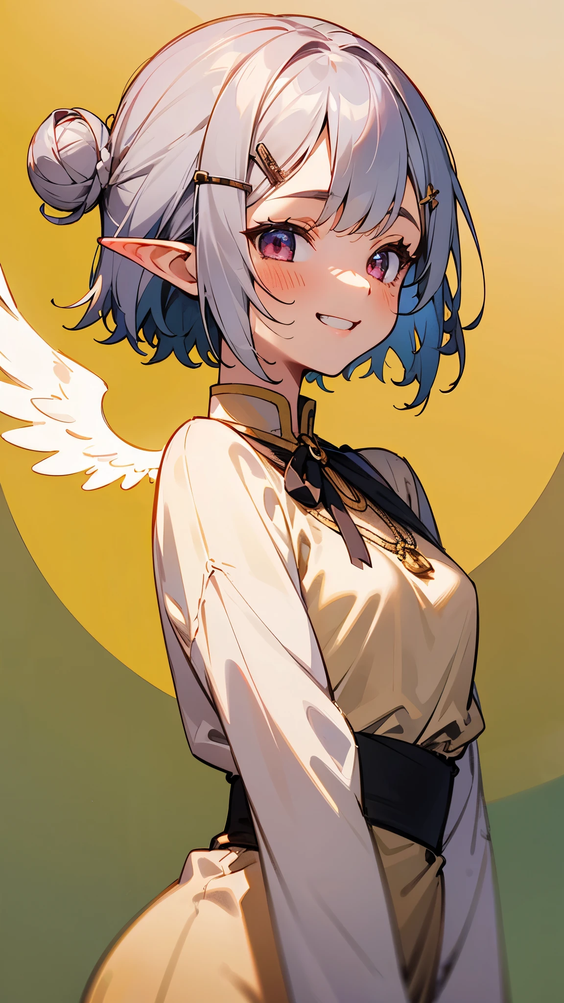 1girl、small breasts、angelic face, goblin, elf ears hair, Short hairstyles for silver hair and bob、Hair tied up in a bun with a hair clip、Shining pink round eyes, cute, yellow peasant tunic, Medieval, Medieval city background, bust portrait neck up, grin、From the side、painterly、sharp outline