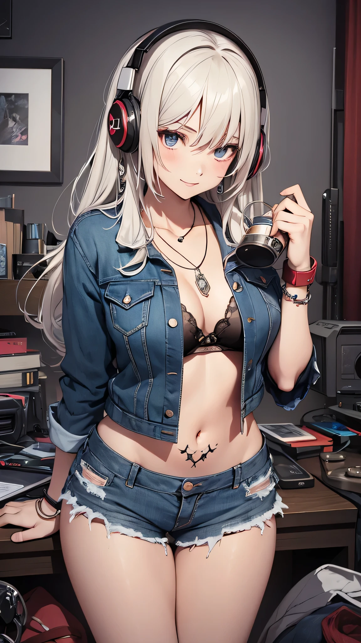 最high quality、best image quality、masterpiece、girl((20-year-old、 By becoming、vest bust、medium bust,wide open breast tea、shining eyes, neon hair、long hair、thin,highest valley、Damaged Denim Shorts、black navel shirt、Damaged Denim Jacket、smile、full body tattoo,diamond earrings、Wristband、necklace、I have headphones、leaning forward、elation、have a controller、Get angry)),high quality、beautiful art、background((game room、red lighting、green lighting、virtual))、Flight、debris flies、Depth of written boundary、movie、visual art、perfect art、8k,genuine、