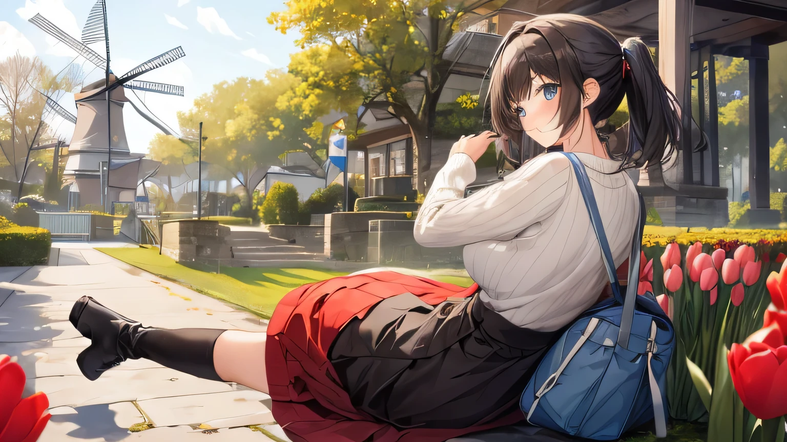 1 female、28 years old、beautiful hair, shortcut、Rear view、Face turned away、can'I can't see parts of the face、yellow knit sweater、red long skirt、brown boots、Park with tulips and Dutch windmills、1 femaleで歩いている