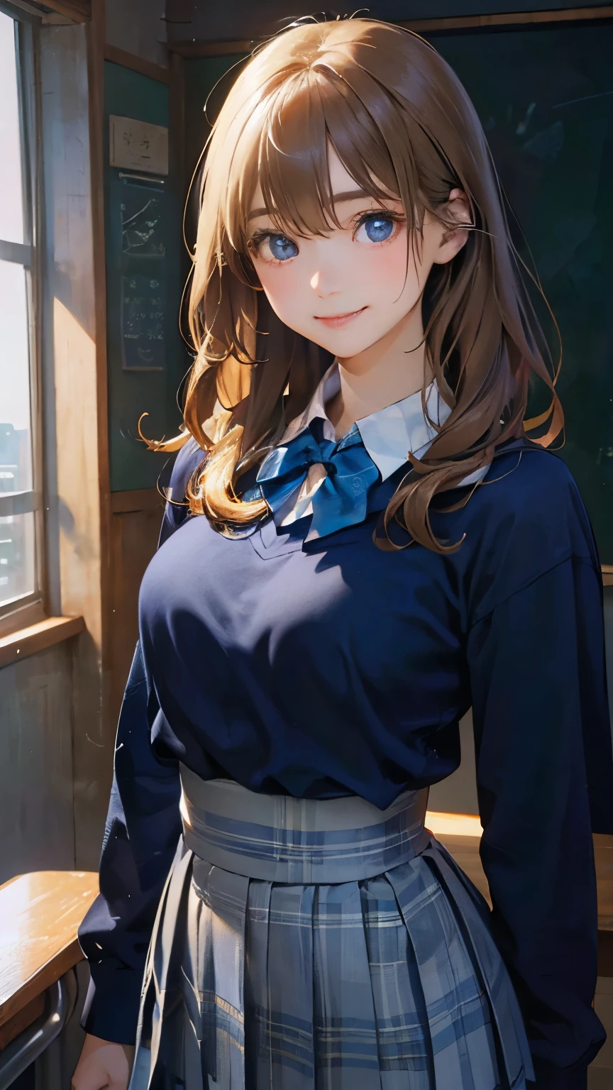 (masterpiece:1.2, top-quality), (realistic, photorealistic:1.4), beautiful illustration, (natural side lighting, movie lighting), 
looking at viewer, upper body, front view, 1 girl, japanese, 16 years old, perfect face, cute and symmetrical face, shiny skin, babyface, 
(long hair, straight hair:1.2, blond hair), hair between eyes, blue eyeiddle breasts, seductive thighs, big ass), 
beautiful hair, beautiful face, beautiful detailed eyes, beautiful clavicle, beautiful body, beautiful chest, beautiful thigh, beautiful legs, beautiful fingers, 
((long sleeve light blue collared shirts, navy pleated skirt)), blue plaid bow tie, 
(beautiful scenery), evening, classroom, blackboard, standing, (lovely smile, upper eyes), 