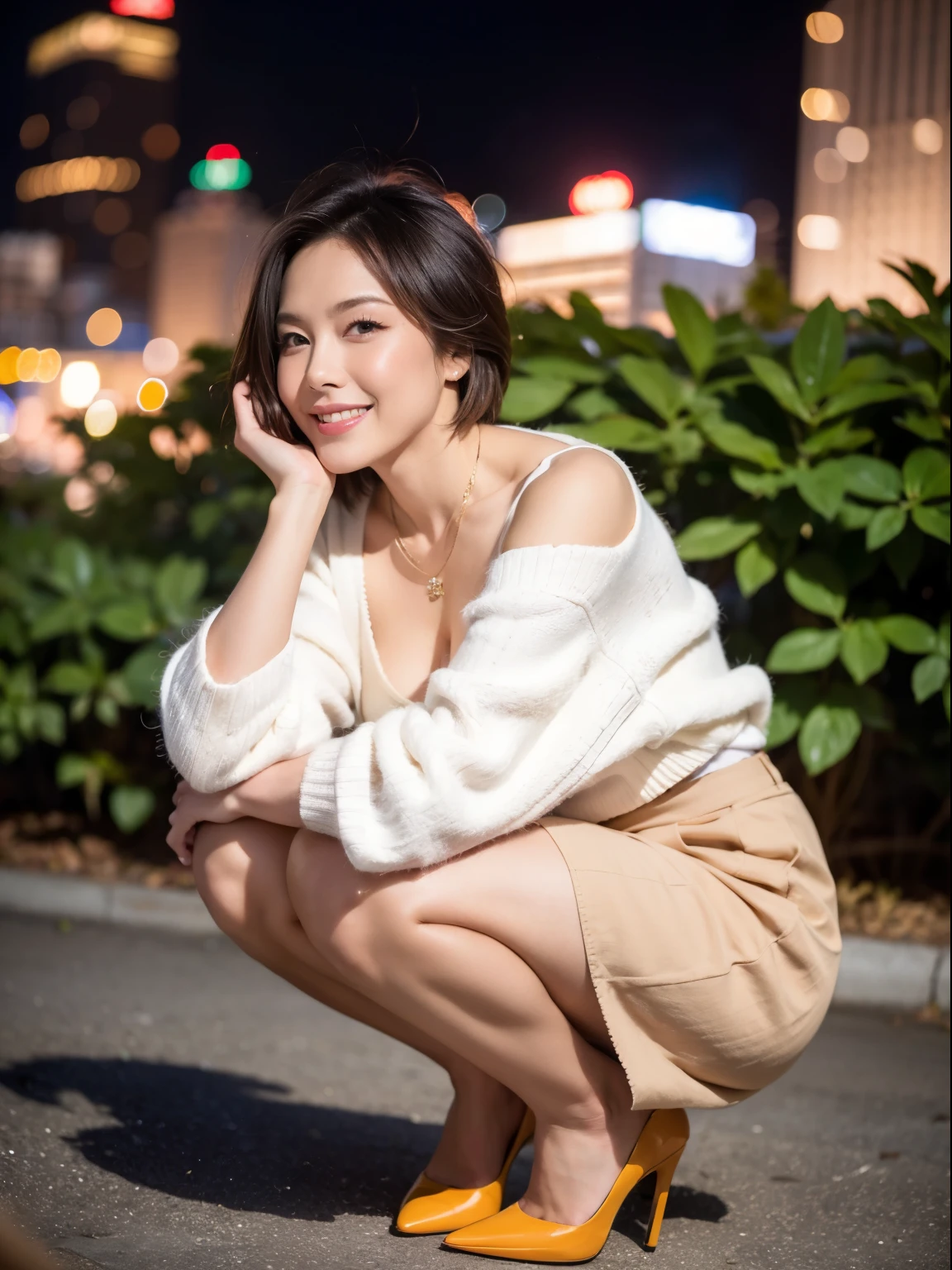 (RAW photo:1.2), (realistic:1.4),beautiful detailed woman,非常にfine eyesと顔, fine eyes, Super detailed,High resolution, very detailed,highest quality,enlightenment,unified,8k wallpaper,masterpiece,highest quality,1 female,alone,rich,Full body Esbian,（Slightly chubby body type:0.9),Toned figure,There&#39;leg meat,slim waist,alone,（beige knit,temperament knit skirt,high heels）,jewelry necklace short hair,gentle smile,dignified atmosphere,black eye,realistic,central park , (night park:1.1)、（43 years old、Japanese）