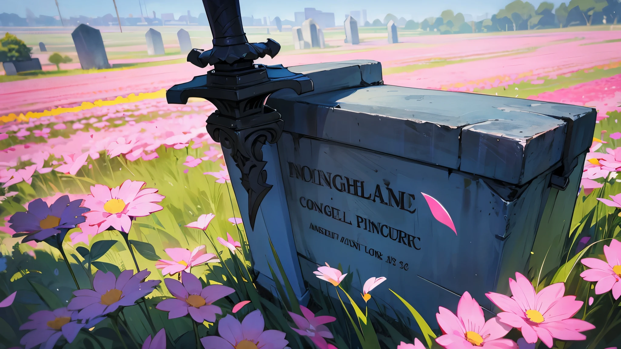 The grave has a sword stuck in it, in a field of flowers.