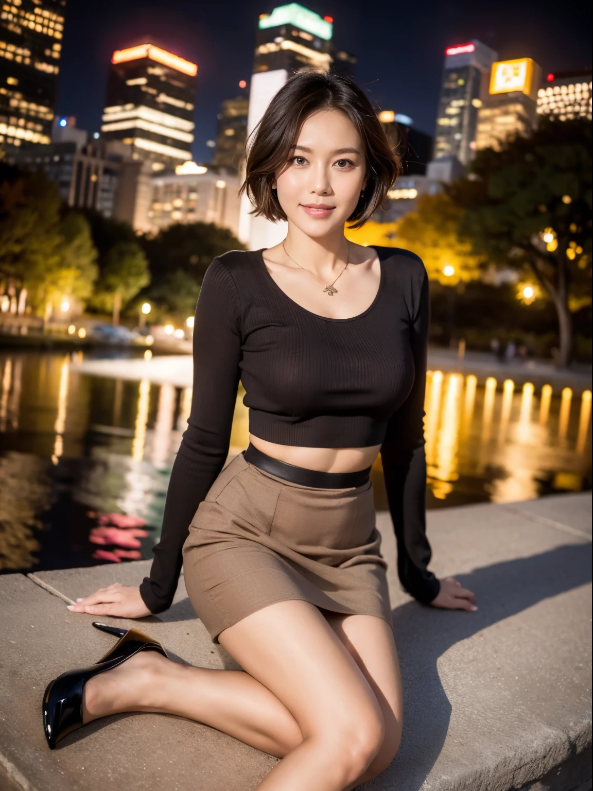 (RAW photo:1.2), (realistic:1.4),beautiful detailed woman,非常にfine eyesと顔, fine eyes, Super detailed,High resolution, very detailed,highest quality,enlightenment,unified,8k wallpaper,masterpiece,highest quality,1 female,alone,rich,Full body Esbian,(Slightly chubby body type:0.9),Toned figure,There'leg meat,slim waist,alone,(beige knit,temperament knit skirt,high heels),jewelry necklace short hair,gentle smile,dignified atmosphere,black eye,realistic,central park , (night park:1.1)、(43 years old、Japanese)