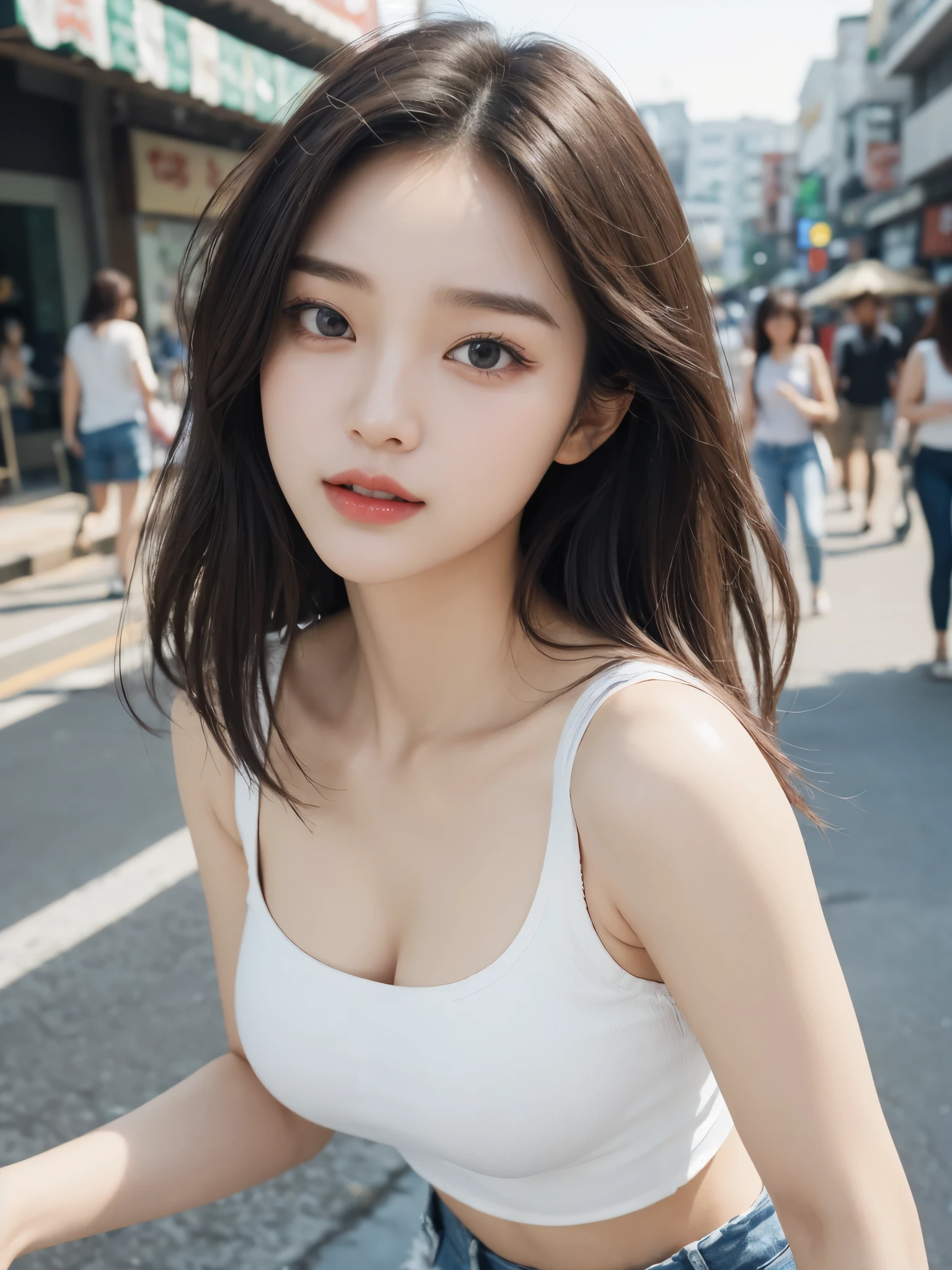  (The background is blurry), 1 girl, (19 years old, Korea 1 girl:1.2), alone, Beautiful girl from Korea, (white latex skin: 1.3), clean face, (slim body), (healthy body), attractive body, Abs, long neck, tall, (big bust:1.2), (Magic), straight hair, soft hair. flawless skin, shiny lips, narrow waist and wide pelvis, (sharp and small face), Round Eyeline, (Long and beautiful eyelashes), (open your lips), ((beautiful face)), big eyes, double eyelid, flushing, red lips, fragile face, real skin, happy face, (Abs 11개),  apple butt, laugh, Cute face, long neck, narrow shoulders, laugh, (((white short sleeveless:tight ripped jeans) ))), red sneakers, (dynamic pose), Take a walking tour, (Jam-sil, seoul, busy street), Same background