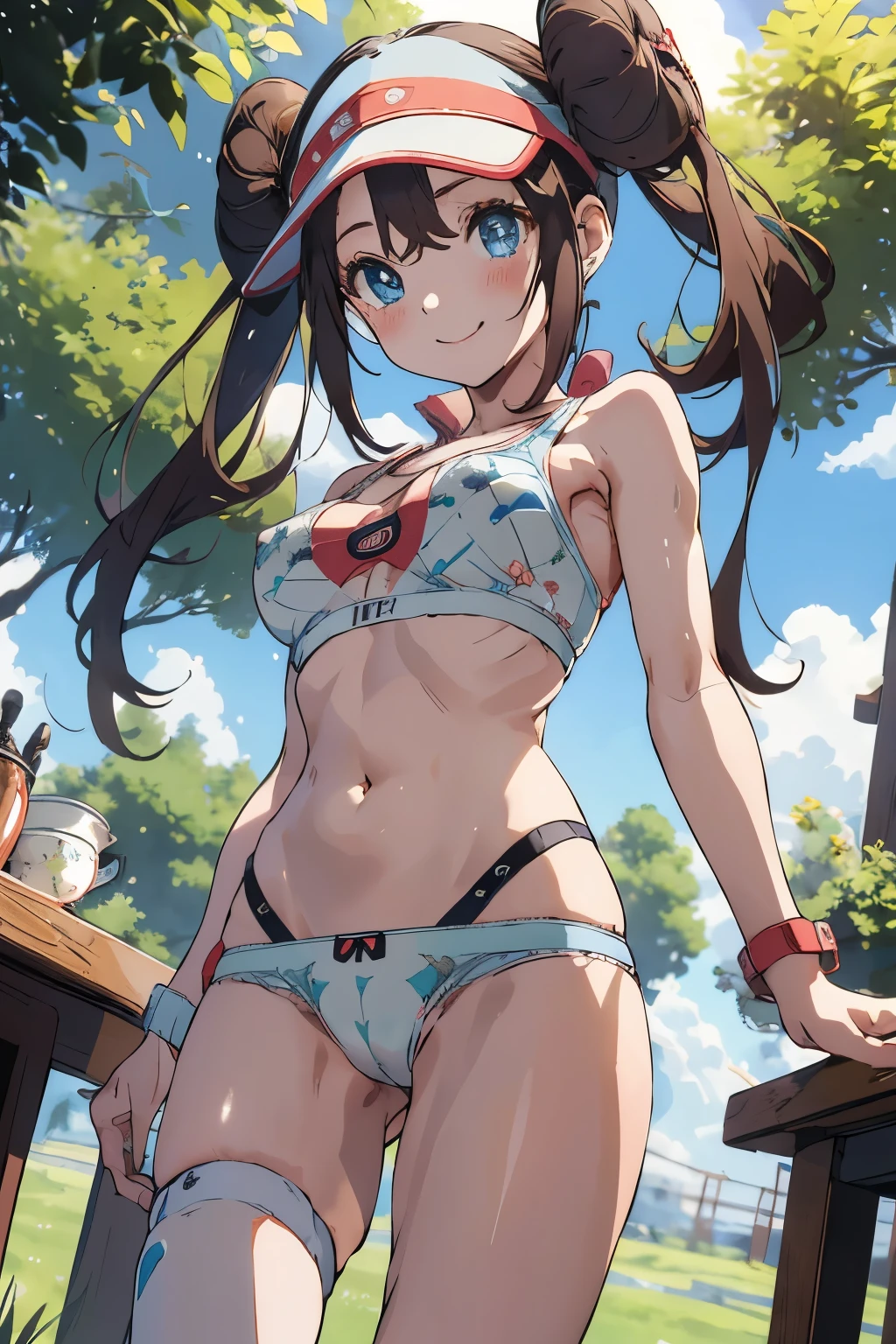 table top、highest quality、High resolution、1 girl、solo、short height、thin legs、thin thighs、belly button、smile、tits、dark brown hair、bun hair、blue eyes、long twin tails、visor cap、((nudist、Sexual bra with detailed decoration、Sexual panties with detailed decorations))、clock、plateau、Overgrown with grass、A photo of the subject taken from below、(Are standing、Dancing)、sexual pose、Are standing、spreading legs