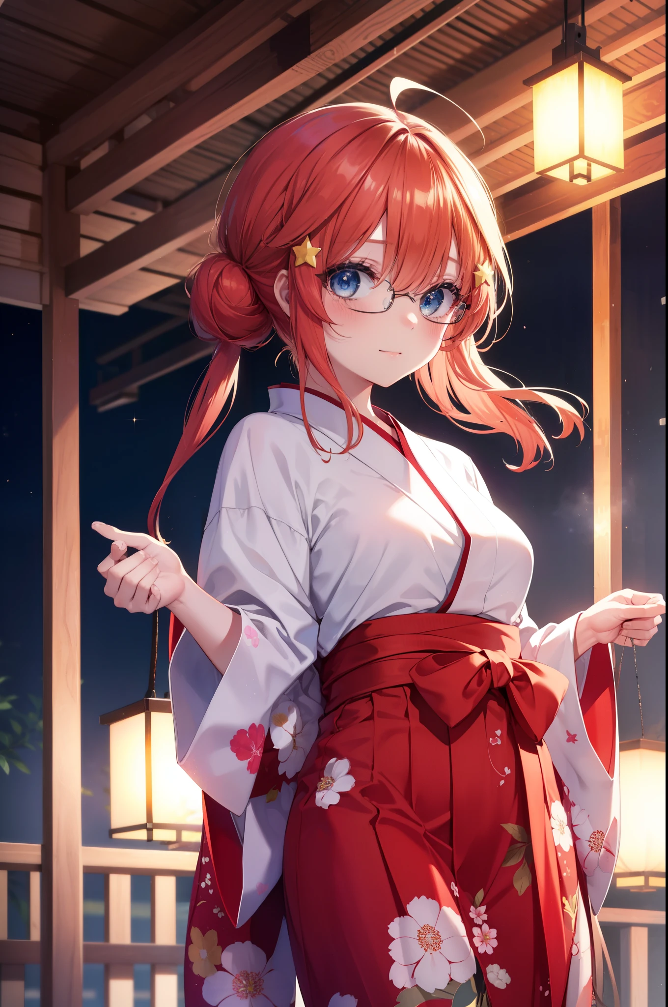 itsukinakano, Itsuki Nakano, bangs, blue eyes, hair between eyes, Ahoge, redhead, star \(symbol\), hair ornaments, star hair ornaments,Akabu glasses,smile,blush,happy atmosphere,long hair,hair tied back,red floral pattern yukata,long skirt,Zori sandals,祭りで棒がついた大きい綿菓子を持ったred floral pattern yukataの女の子,japanese festival,summer festival stalls,Red lantern,night,全身がイラストに入るように
break indoors, shrine,
break (masterpiece:1.2), highest quality, High resolution, unity 8k wallpaper, (figure:0.8), (detailed and beautiful eyes:1.6), highly detailed face, perfect lighting, Very detailed CG, (perfect hands, perfect anatomy),