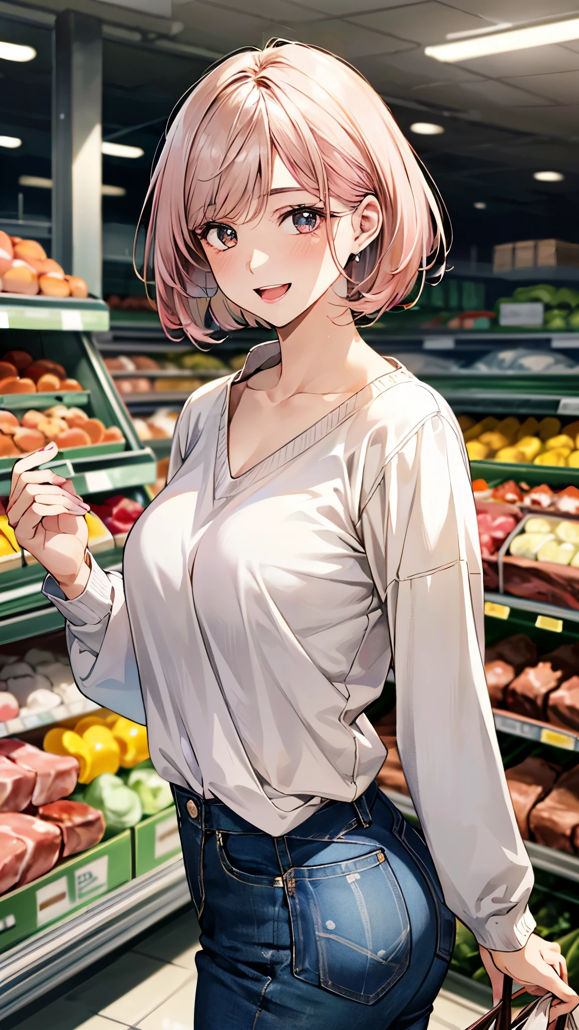 (masterpiece:1.3, top-quality), ultra high res, ultra detailed, (realistic, photorealistic:1.4), beautiful illustration, perfect lighting, colorful, depth of fields, 
looking at viewer, 1 girl, solo, college school girl, (large breasts:0.8, large ass, seductive thighs, skindentation),
(short hair:1.5, bob cut:1.2, light pink hair), swept bangs, (chocolate-colored) eyes, big eyes, shiny skin, slender, (tiny), 
beautiful hair, beautiful face, extremely detailed face, beautiful detailed eyes, beautiful clavicle, beautiful body, beautiful chest, beautiful thigh, beautiful legs, beautiful fingers, 
(detailed cloth texture, (light brown) long sleeve v-neck sweater, closed shirt, white collared shirt, denim trousers), 
(beautiful scenery), evening, (detailed, inside supermarket, meat section of a supermarket), walking, (happy smile, open mouth), 