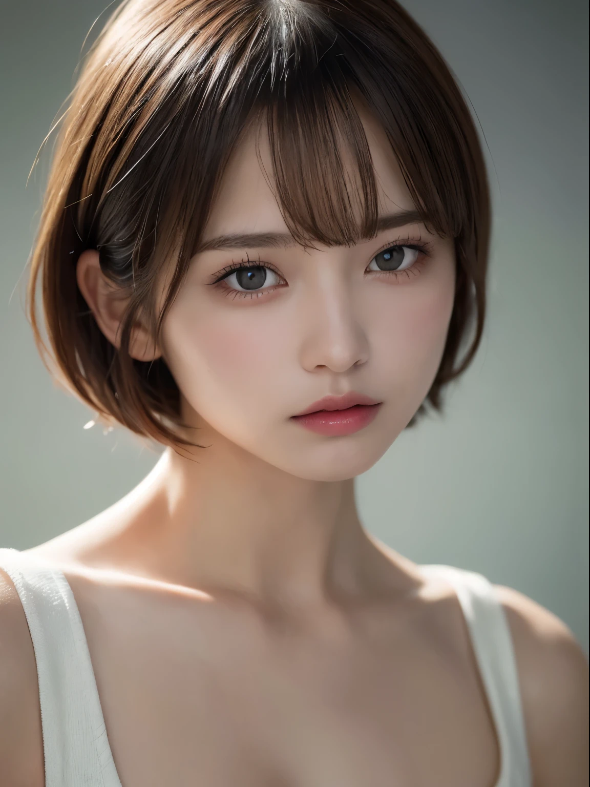 (masterpiece:1.3), (8k, Photoreal, Raw photo, best image quality: 1.4), 20 year old flat chested girl、(brown hair short bob cut:1.2)、super detail face、eye for details、double eyelid、sharp focus:1.2、Beautiful woman:1.4、light brown hair、highest quality、masterpiece、超A high resolution、(Photoreal:1.4)、Highly detailed and professional lighting、Naked beautiful girl、thin、serious expression、short haired、deadly position、transparent skin、random pose、shining hair、sculpture model pose、