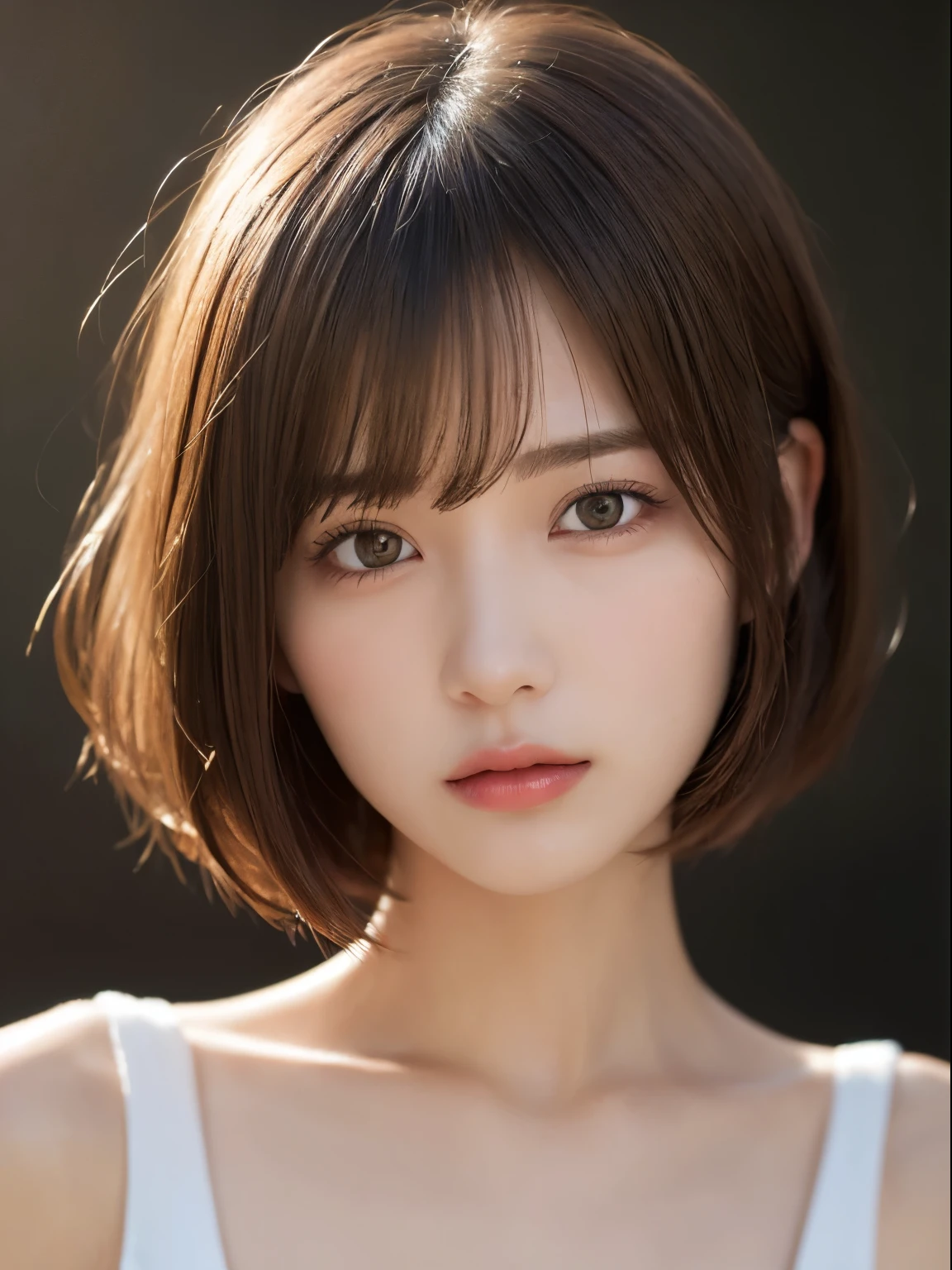 (masterpiece:1.3), (8k, Photoreal, Raw photo, best image quality: 1.4), 20 year old flat chested girl、(brown hair short bob cut:1.2)、super detail face、eye for details、double eyelid、sharp focus:1.2、Beautiful woman:1.4、light brown hair、highest quality、masterpiece、超A high resolution、(Photoreal:1.4)、Highly detailed and professional lighting、Naked beautiful girl、thin、serious expression、short haired、deadly position、transparent skin、random pose、shining hair、sculpture model pose、