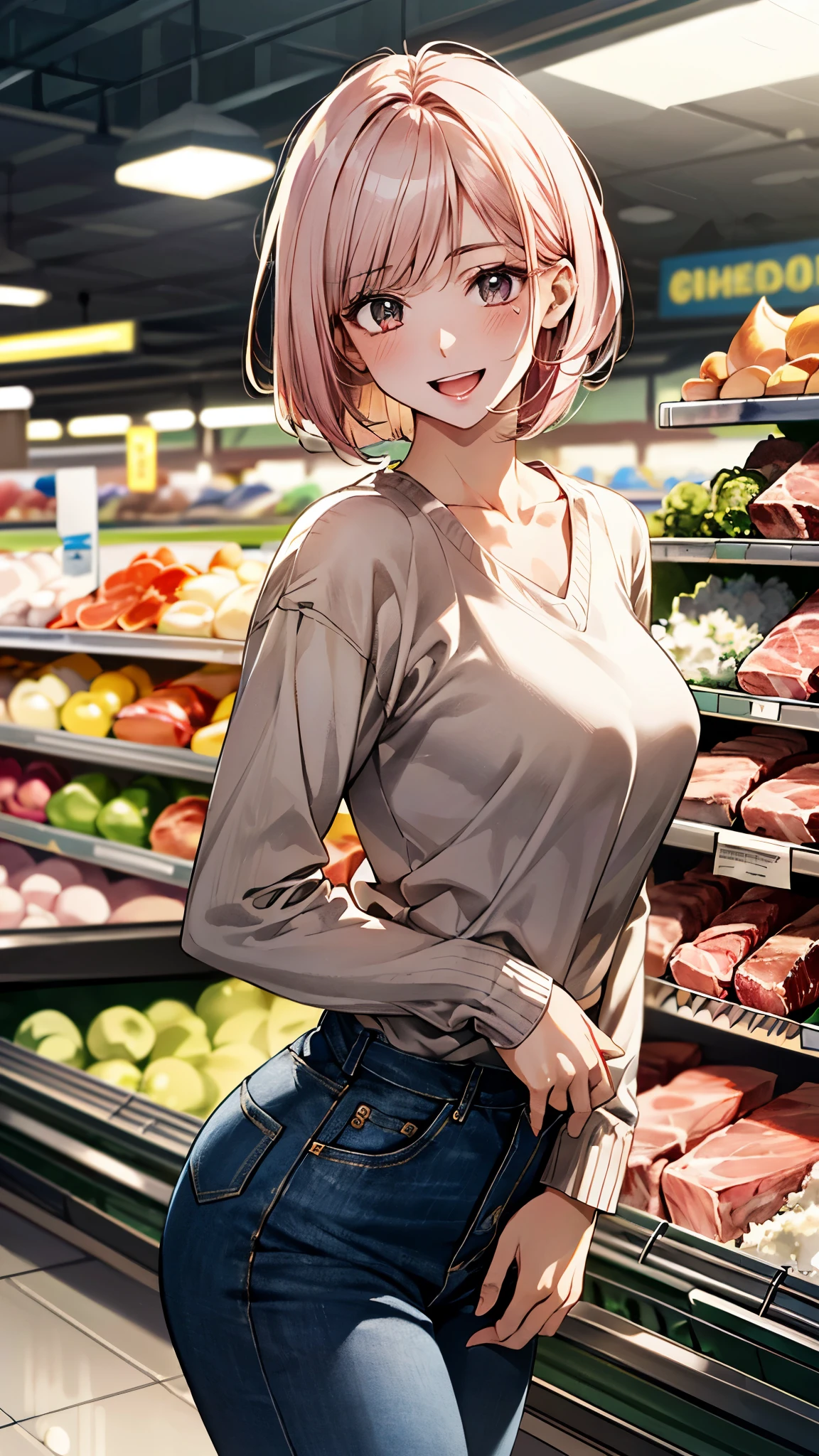 (masterpiece:1.3, top-quality), ultra high res, ultra detailed, (realistic, photorealistic:1.4), beautiful illustration, perfect lighting, colorful, depth of fields, 
looking at viewer, 1 girl, solo, college school girl, (large breasts:0.8, large ass, seductive thighs, skindentation),
(short hair:1.5, bob cut:1.2, light pink hair), swept bangs, (chocolate-colored) eyes, big eyes, shiny skin, slender, (tiny), 
beautiful hair, beautiful face, extremely detailed face, beautiful detailed eyes, beautiful clavicle, beautiful body, beautiful chest, beautiful thigh, beautiful legs, beautiful fingers, 
(detailed cloth texture, (light brown) long sleeve v-neck sweater, closed shirt, white collared shirt, denim trousers), 
(beautiful scenery), evening, (detailed, inside supermarket, meat section of a supermarket), walking, (happy smile, open mouth), 