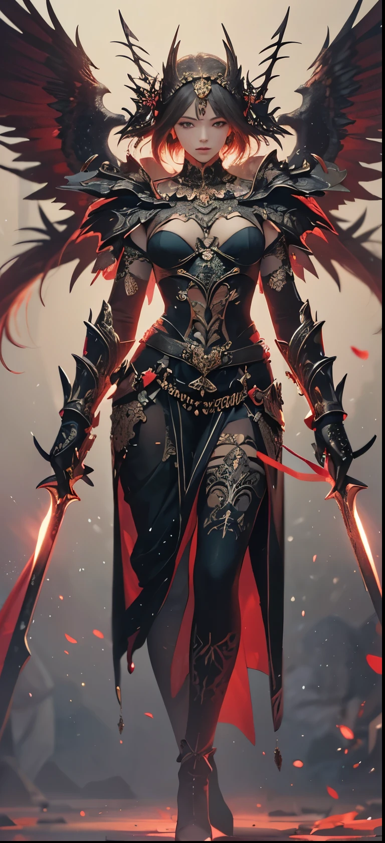 NSFW((masterpiece)), (((Best Quality))), ((Ultra-detailed)), (extremely detailed photo), ((extremely delicate and beautiful)),(Cute delicate face), ((masterpiece)), perfect anatomy, intricate, (highly detailed), masterpiece, photorealistic, (A 22 years old very dignified girl),(red and black armor), (The Night of the Crimson Full Moon) ,solo,short hair, looking at viewer, (holding glowing weapon), double eyelid,delicate skin,slender body shape,