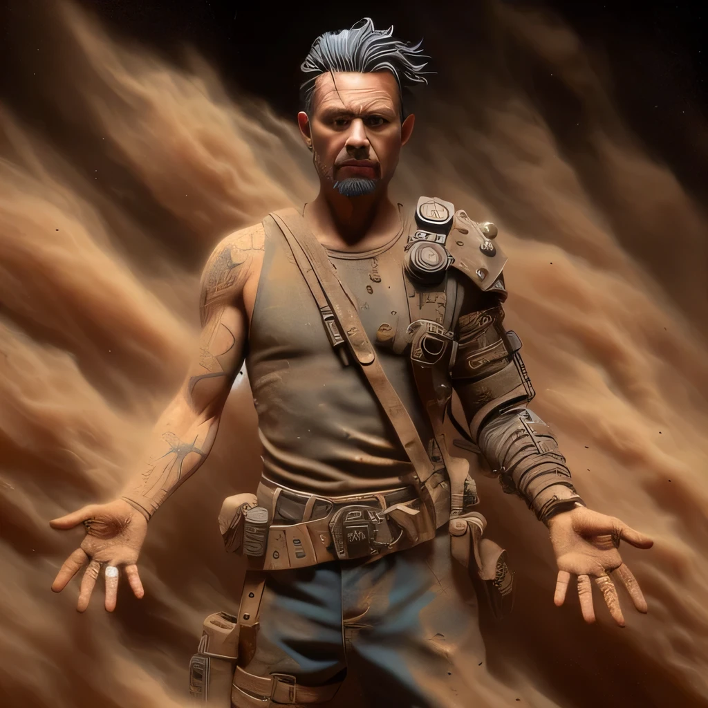 the Wasteland punk, engulfed in swirling dust storms, handsome, shaved small beard, loose beard braid, soft face, intensive eyes, 40 years old, sad smile, blue pants, detailed weathered armor, tranquil, 3D sculpture, mix of modeling and texturing techniques. vignetting, fading border, Hasselblad, depth of field, photorealistic, great lighting, 8k resolution, masterpiece, concept art, illustration, clear eyes, soft lighting, soft details, painting oil on canvas, octane render, HDR, trending on artstation, 4k, 8k, HD