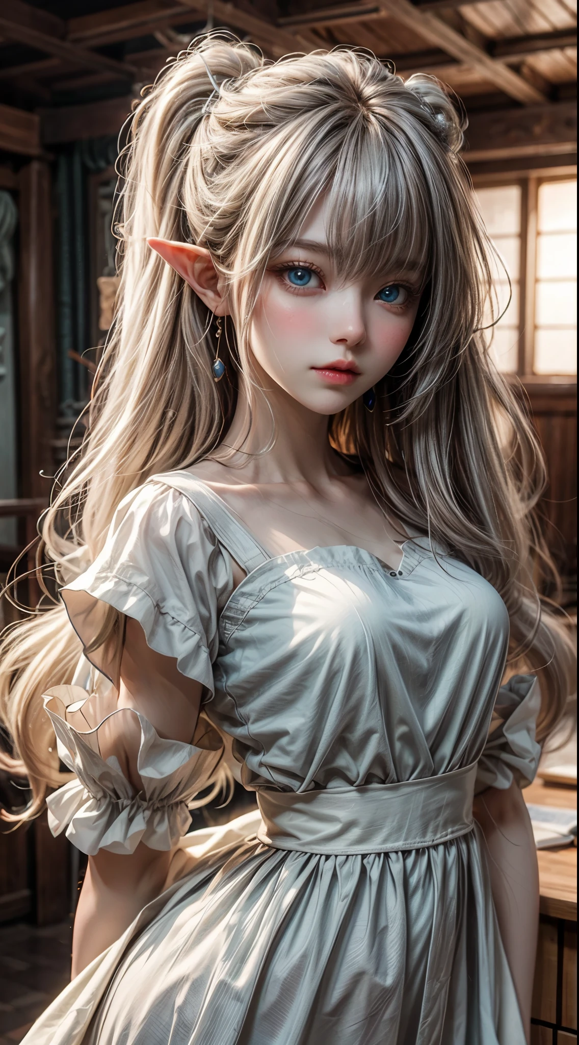 bright look、photorealism、highest quality、超A high resolution、photograph、スカンジナビアから来たとても美しい女の子のphotograph、extraordinary beautiful girl、cute and beautiful face details、(face to face with the children_v1:0.008)、beautiful bangs、alice in wonderland、18-year-old、radiant white skin、facial hair、Bangs that extend to the face、bangs between eyes、super long hair、Silky straight super long hair with an attractive pale platinum blonde color.、thin hair、Charming and shining beautiful bright and clear light blue big eyes、white apron、yellow dress、eyeliner、double eyelid、rich bust、random sexy pose、elf