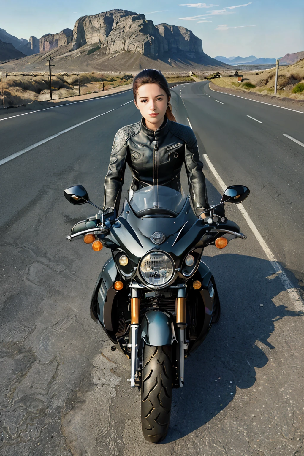 ((Top-quality Motorcycle Cruise: 1.2)), ((Meticulously Designed: 1.3)), ((Realistic Textures: 1.4)), ((Detailed Packages: 1.5)), ((Photorealistic: 1.6)),
A sleek, top-quality motorcycle cruises down the sun-kissed highway, its chrome surface reflecting the vibrant hues of the setting sun. The bike's engine growls with power, its exhaust pipes releasing polished trails of smoke. In its sidecar, some packages are securely tied with twine, their contents distorted and faintly visible through the rippling plastic covers. Their