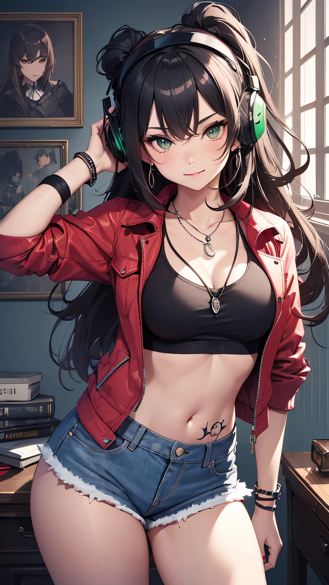 最high quality、best image quality、masterpiece、girl((20-year-old、 By becoming、vest bust、medium bust,wide open breast tea、shining eyes, neon hair、long hair、thin,highest valley、Damaged Denim Shorts、black navel shirt、Damaged Denim Jacket、smile、full body tattoo,diamond earrings、Wristband、necklace、I have headphones、leaning forward、elation、have a controller、lean against the wall)),high quality、beautiful art、background((game room、red lighting、green lighting、virtual))、Flight、debris flies、Depth of written boundary、movie、visual art、perfect art、8k,genuine、