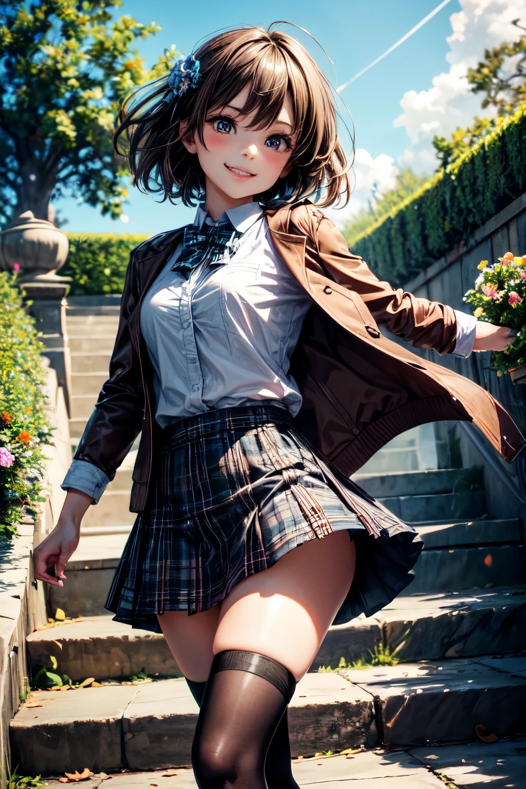 very cute and beautiful girl,(highly detailed beautiful face),(smile:1.2),happy,cowboy shot,
(brown jacket:1.2),collared shirt,plaid bowtie BREAK detailed legs,zettai ryouiki,brown shoulder bag,brown boots,
stylish pose,dynamic angle,hair ornament,black hair,(blue plaid mini skirt:1.2),arbor in rose garden,stone stairs,
(best quality,masterpiece:1.2),absurdres,highres,ultra-detailed,extremely detailed,32k,8k resolution,
intricate details,cinematic scene,detailed background,solo,dynamic angle,
solo,natural lighting,hair fluttering in the wind,beautiful detailed sky,