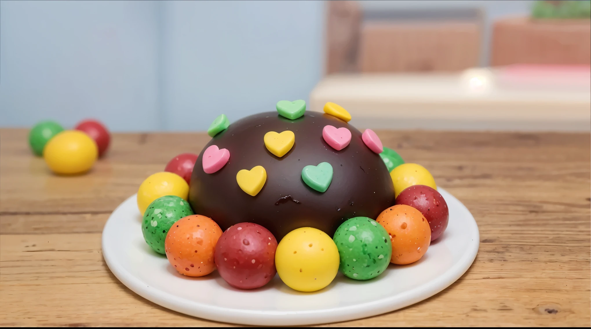 on a wooden table, on a white porcelain plate there is a small chocolate cake, around the cake are small multi-colored candies in the form of balls, on the cake there are cookies in the form of hearts, the cookies are attached with green filling, between the cake and the balls there is also a green topping, realistic texture, realistic style, detailed texture, high quality, high resolution, high quality rendering, realistic photo, brightning light