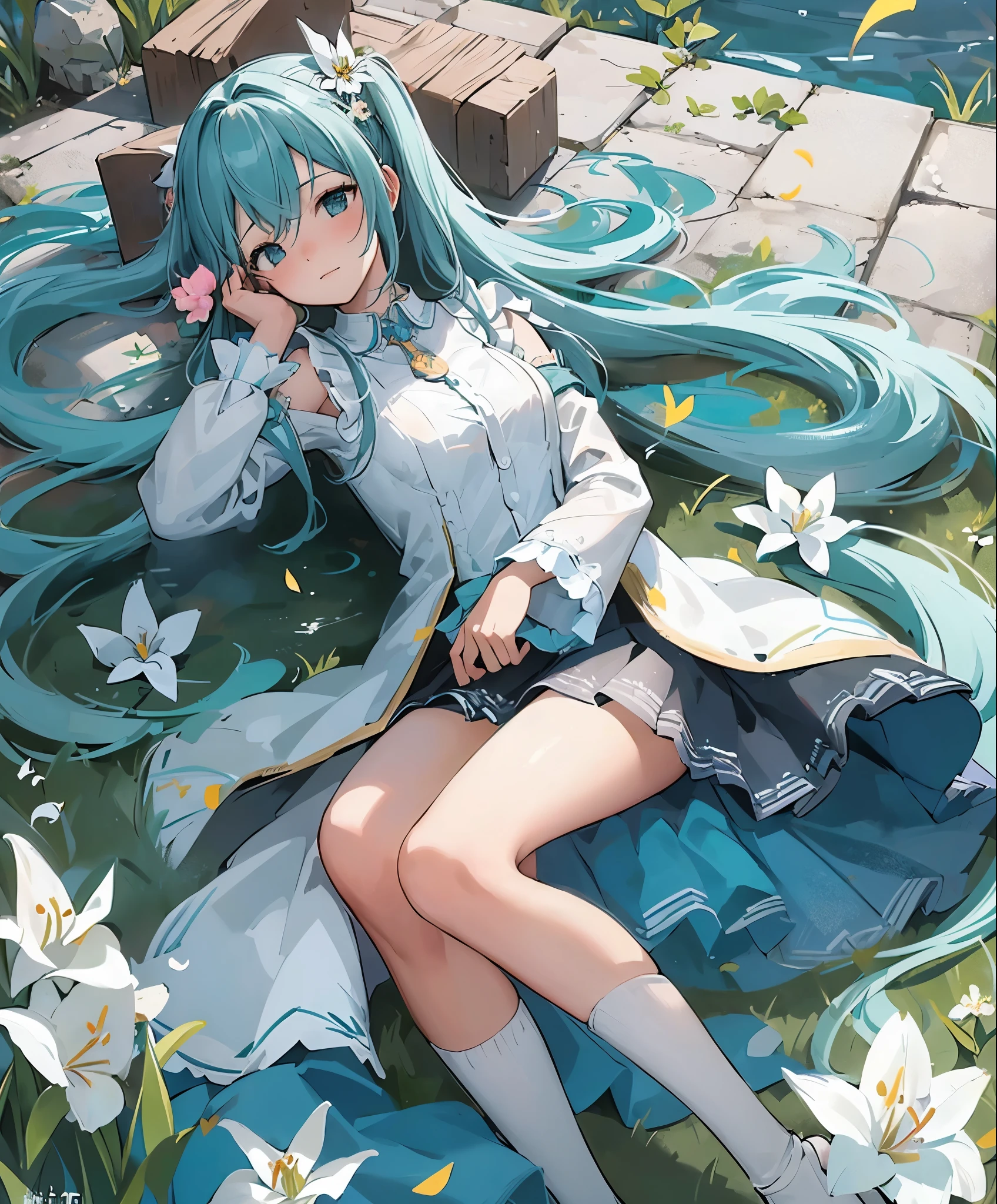 (masterpiece、highest quality、highest quality、official art、beautiful beautiful:1.2)、(1 girl:1.3)Hatsune Miku、twin tails,big breasts,Hatsune Miku ブルーヘア , Kagamine Rin yellow hair , White Wedding Dresses, long hair, flower hairpin, wedding bouquet wrapped in white paper, hand caressed hair, The effect of falling white petals, lily, big,