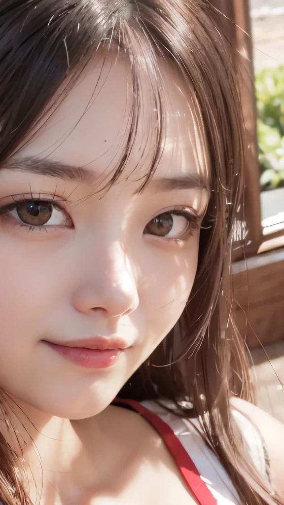 ((masterpiece)), ((highest quality)), (super detailed), ((beautiful)), beautiful, (Lovely), ((very detailed)), 4k, (8k), highest quality, (beautiful), ((smile)),figure, [[face zoom]],front、looking at the camera、Japanese,beautifulな女性, Japanese, alone, (one piece:1.3), beautiful red hair, beautiful brown eyes, ((beautiful eyes)), wavy hair,  Lens flare, shiny、shine, (sunbeam, sunlight)