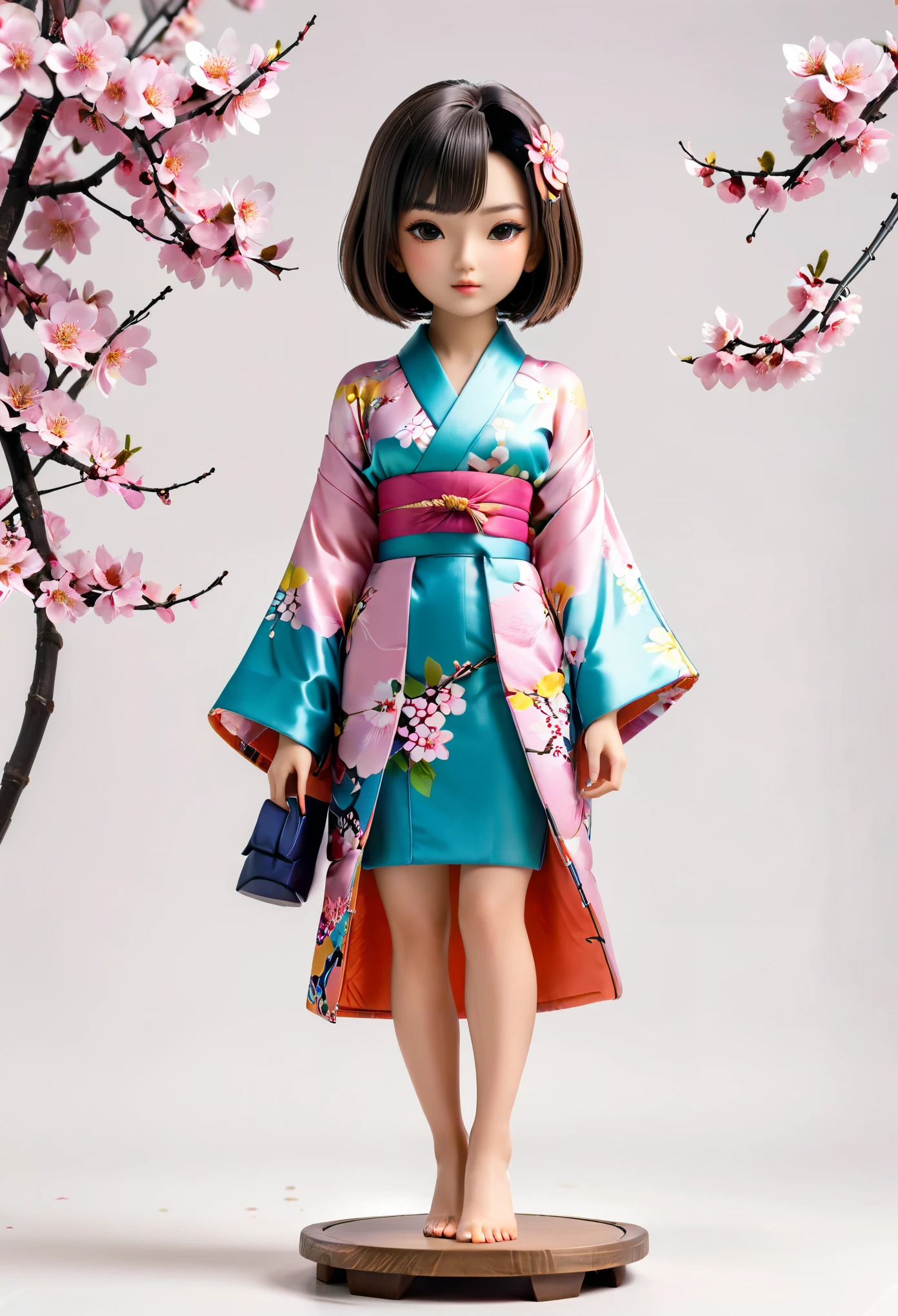 (Blind Box Spielzeug Stil:1.2),full body, solo,white background,(1 Beautiful girl Models,shoulder length straight bob hair,floral kimono,hakama,Standing on a round wooden base,pink sakura,getas),(Oriental elements,Japanese color,Very colorful)