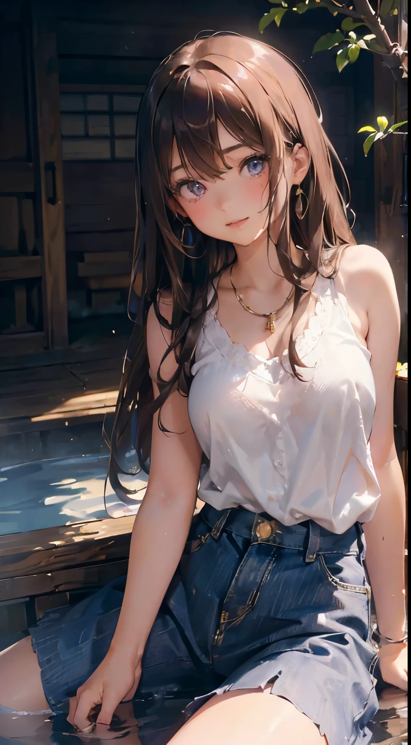 (masutepiece: 1.3), (max resolution: 1.2), (Ultra HDTV: 1.2), cinematric light, Ultra HDTV, (Detailed eyes and skin), (detailed facial features), nffsw, 8K resolution, Sharp Focus: 1.2, Perfect Style, Beautiful face, Perfect body, precise, Anatomically correct, Highly detailed face and skin texture, Detailed eyes, Dark-blue eyes, Double eyelids, Thin eyebrows, Glitter Eyeliner: 1.2, Natural cheeks, Glossy skin, Fair skin: 1.2, shiny little necklace and earrings, (Glossy lips: 1.4), BREAK, One-person viewpoint, (She is a very cute female teacher), (Pink lace panties), (Seductive smile: 1.2), ((a Innocent and cute girl:1.3)), (Long Wave Hair), (ligh brown hair:1.2), (Cowboy Shot: 1.2), BREAK, ((Very intimate relationships: 1.2)), medium large breasts, ((Looking at Viewer:1.2)), ((Hot spring trip:1.2)), ((Bend your knees and open your legs wide:1.2)), (From Side:1.2),low angle shot,sleeveless sweater Tight jeans skirt