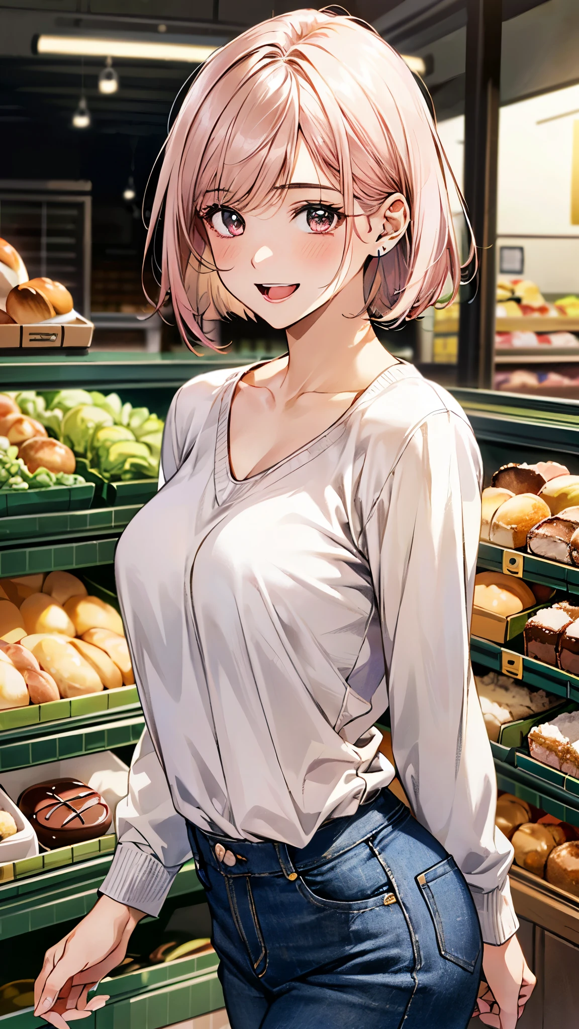 (masterpiece:1.3, top-quality), ultra high res, ultra detailed, (realistic, photorealistic:1.4), beautiful illustration, perfect lighting, colorful, depth of fields, 
looking at viewer, 1 girl, solo, college school girl, (large breasts:0.8, large ass, seductive thighs, skindentation),
(short hair:1.5, bob cut:1.2, light pink hair), swept bangs, (chocolate-colored) eyes, big eyes, shiny skin, slender, (tiny), 
beautiful hair, beautiful face, extremely detailed face, beautiful detailed eyes, beautiful clavicle, beautiful body, beautiful chest, beautiful thigh, beautiful legs, beautiful fingers, 
(detailed cloth texture, (light brown) long sleeve v-neck sweater, closed shirt, white collared shirt, denim trousers), 
(beautiful scenery), evening, (detailed, inside supermarket, bread section of a supermarket), walking, (happy smile, open mouth), 