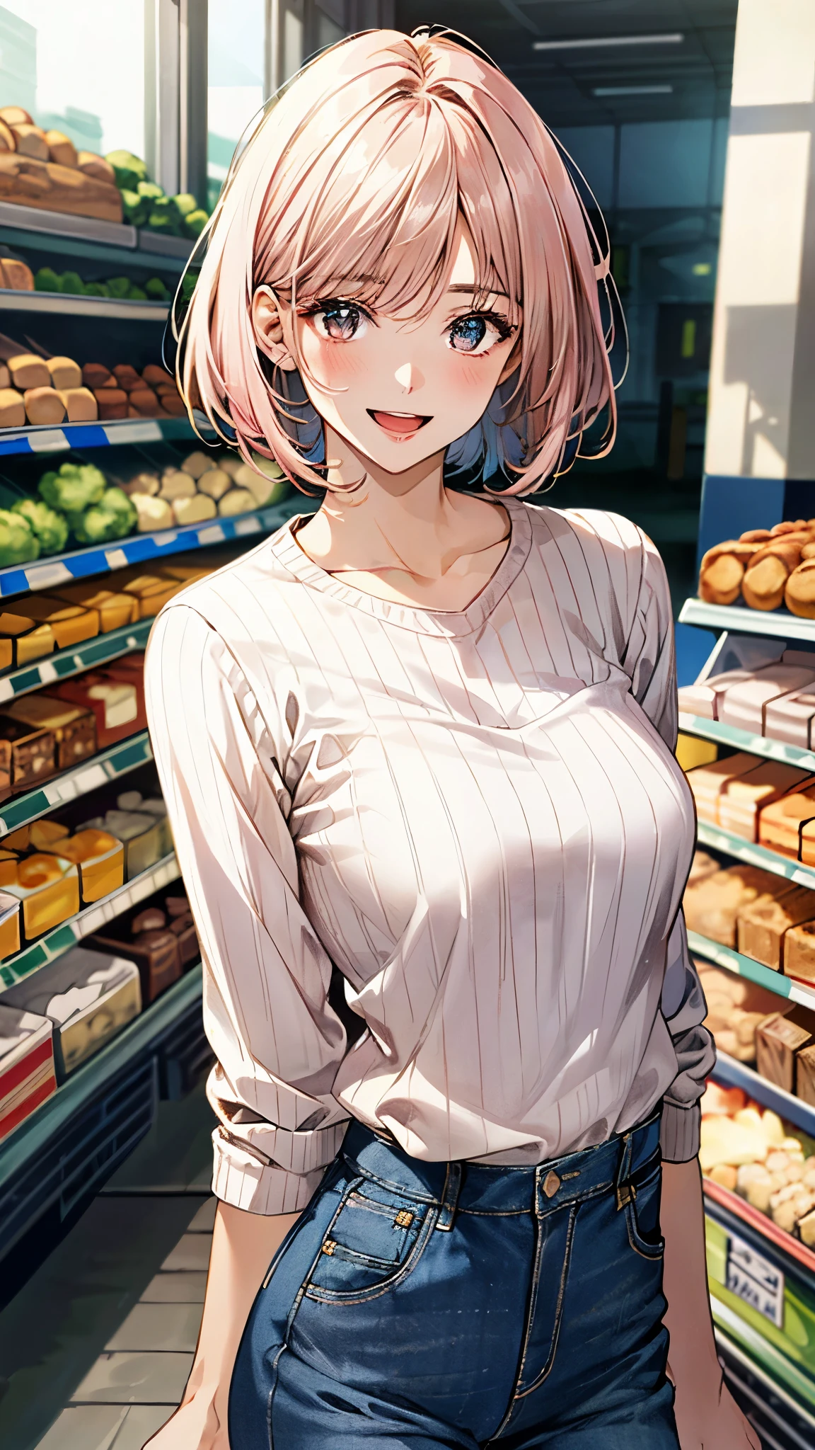 (masterpiece:1.3, top-quality), ultra high res, ultra detailed, (realistic, photorealistic:1.4), beautiful illustration, perfect lighting, colorful, depth of fields,
looking at viewer, 1 girl, solo, college school girl, (large breasts:0.8, large ass, seductive thighs, skindentation),
(short hair:1.5, bob cut:1.2, light pink hair), swept bangs, (chocolate-colored) eyes, big eyes, shiny skin, slender, (tiny),
beautiful hair, beautiful face, extremely detailed face, beautiful detailed eyes, beautiful clavicle, beautiful body, beautiful chest, beautiful thigh, beautiful legs, beautiful fingers,
(detailed cloth texture, (light brown) long sleeve v-neck sweater, closed shirt, white collared shirt, denim trousers),
(beautiful scenery), evening, (detailed, inside supermarket, bread section of a supermarket), walking, (happy smile, open mouth),