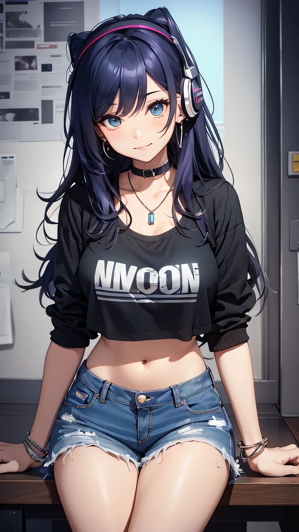最high quality、best image quality、masterpiece、girl((20-year-old、 By becoming、vest bust、medium bust,wide open breast tea、shining eyes, neon hair、long hair、thin,highest valley、Damaged Denim Shorts、black navel shirt、Damaged Denim Jacket、smile、full body tattoo,diamond earrings、Wristband、necklace、I have headphones、leaning forward、elation、have a controller、lean against the wall)),high quality、beautiful art、background((game room、red lighting、green lighting、virtual))、Flight、debris flies、Depth of written boundary、movie、visual art、perfect art、8k,genuine、