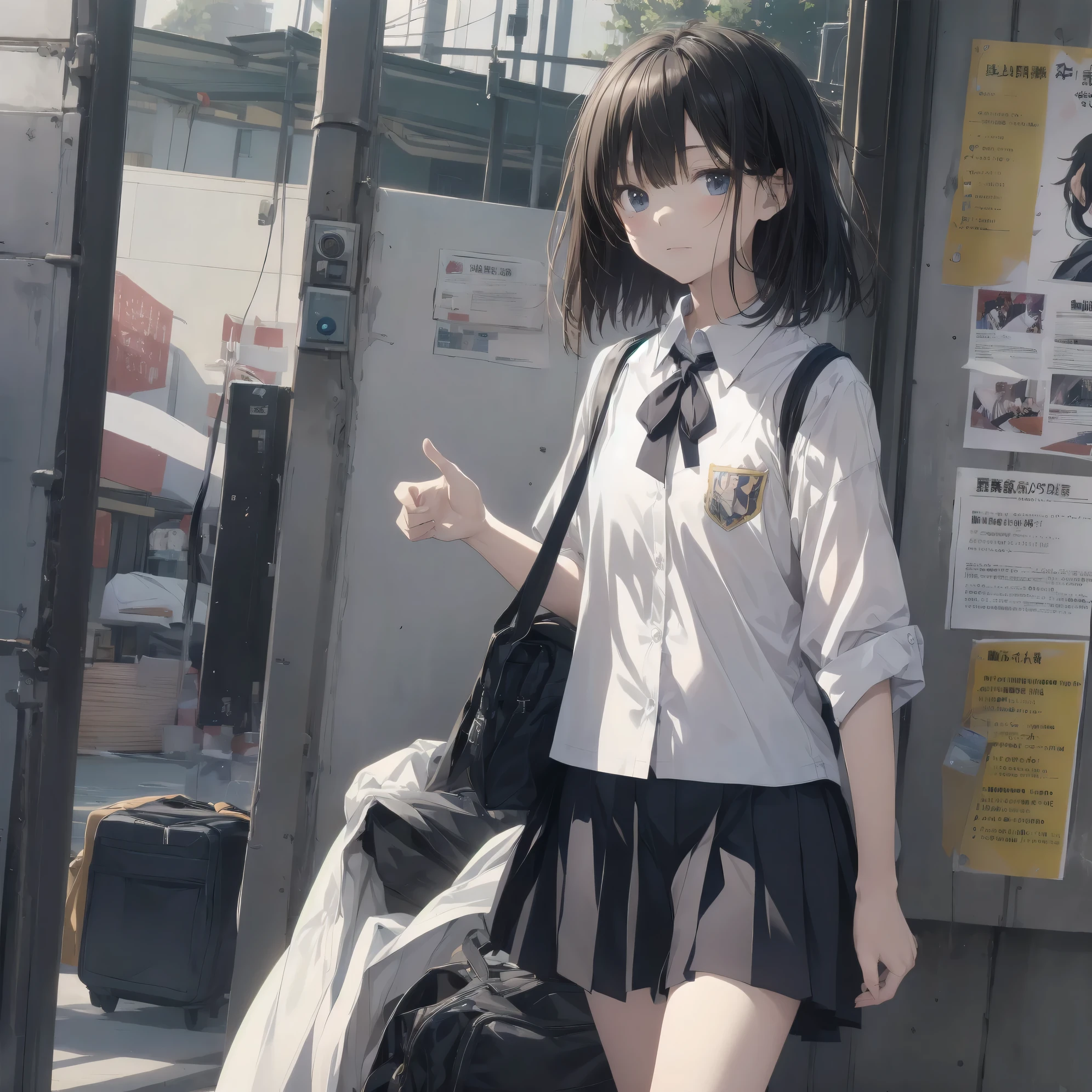 Super absurd quality by the god of art, super detailed, High resolution, anime moe art style, Best Anime 8K Kona-chan Wallpaper, pixiv contest winner, perfect anatomy, break,(眠そうにalone学校へ行く女の子を描いてください. )break,1 girl, (alone,little woman, 13 years old:1.3),All limbs, full finger,, The charm of an immature body, (very_short hair), bangs,flat chest, small ass, between legs, small eyes, small black eyes, detailed and beautiful eyes, Well-proportioned iris and pupils, expressive eyes, High resolutionの詳細な髪, neck ribbon, skirt, collared shirt, pleated skirt, school uniform, school bag,(detailed lighting), (detailed background), On the way to school. break,super dense skin, Best cinematic lighting powered by famous artist, 8k,beautiful illustrations,photoshop_(Moderate),Absurd Hi-Res,Hmm,rough skin,break,((artist:dark black,)) artist:Rinzo, artist:mitsumi misato,artist:akinashi yuu